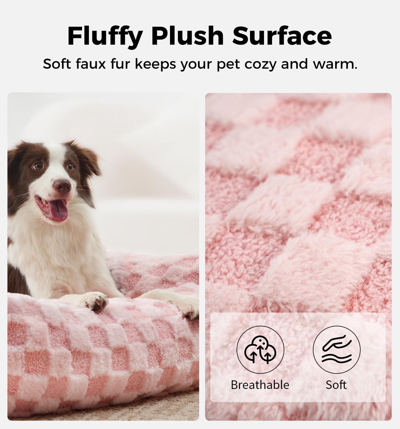 Made4Pets Cat and Dog Couch Bed, Soft Faux Fur Checkered Pet Sofa, Cozy Fluffy Pet Sofa with Supportive Foam, Removable Washable Cover with Non-Slip Base, Pink, Medium
