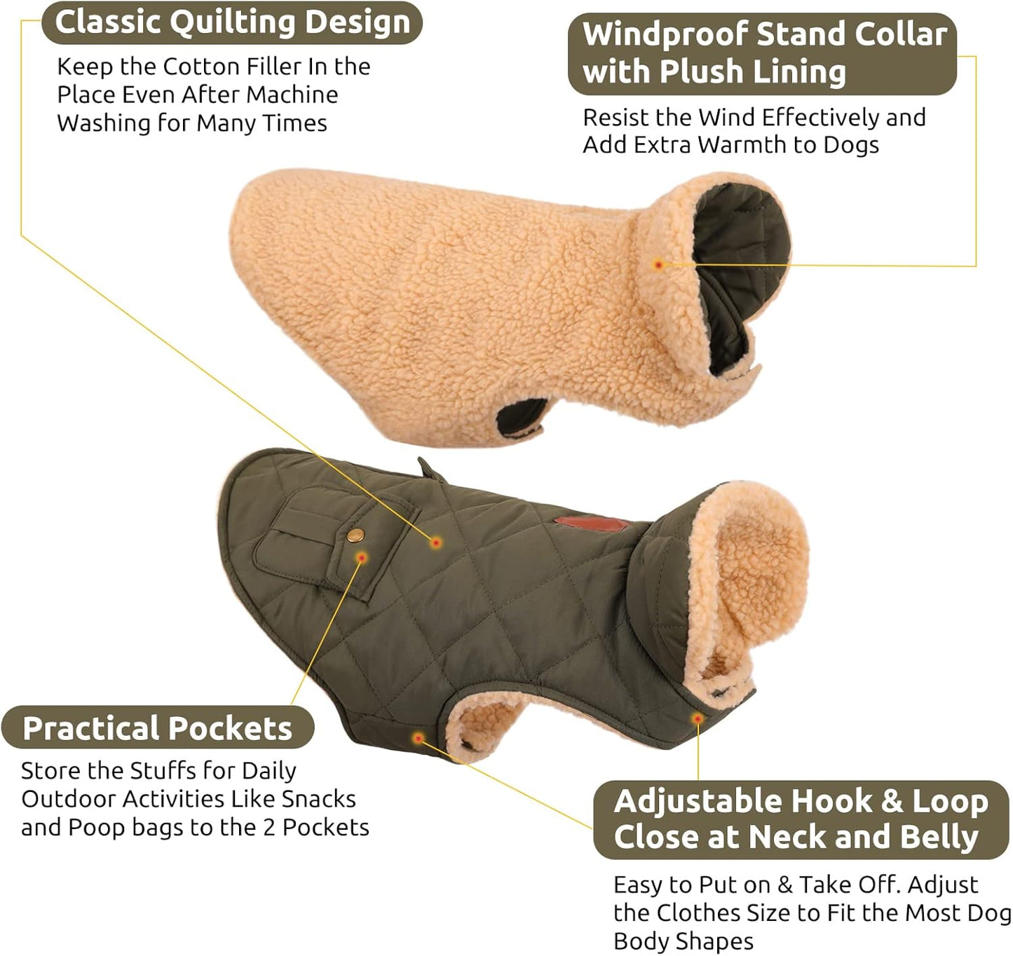 Queenmore Warm Puffer Dog Coat, Quilting Winter Jacket Ultra Thick Plush Lining with Storage Pockets (Green, X-Small)