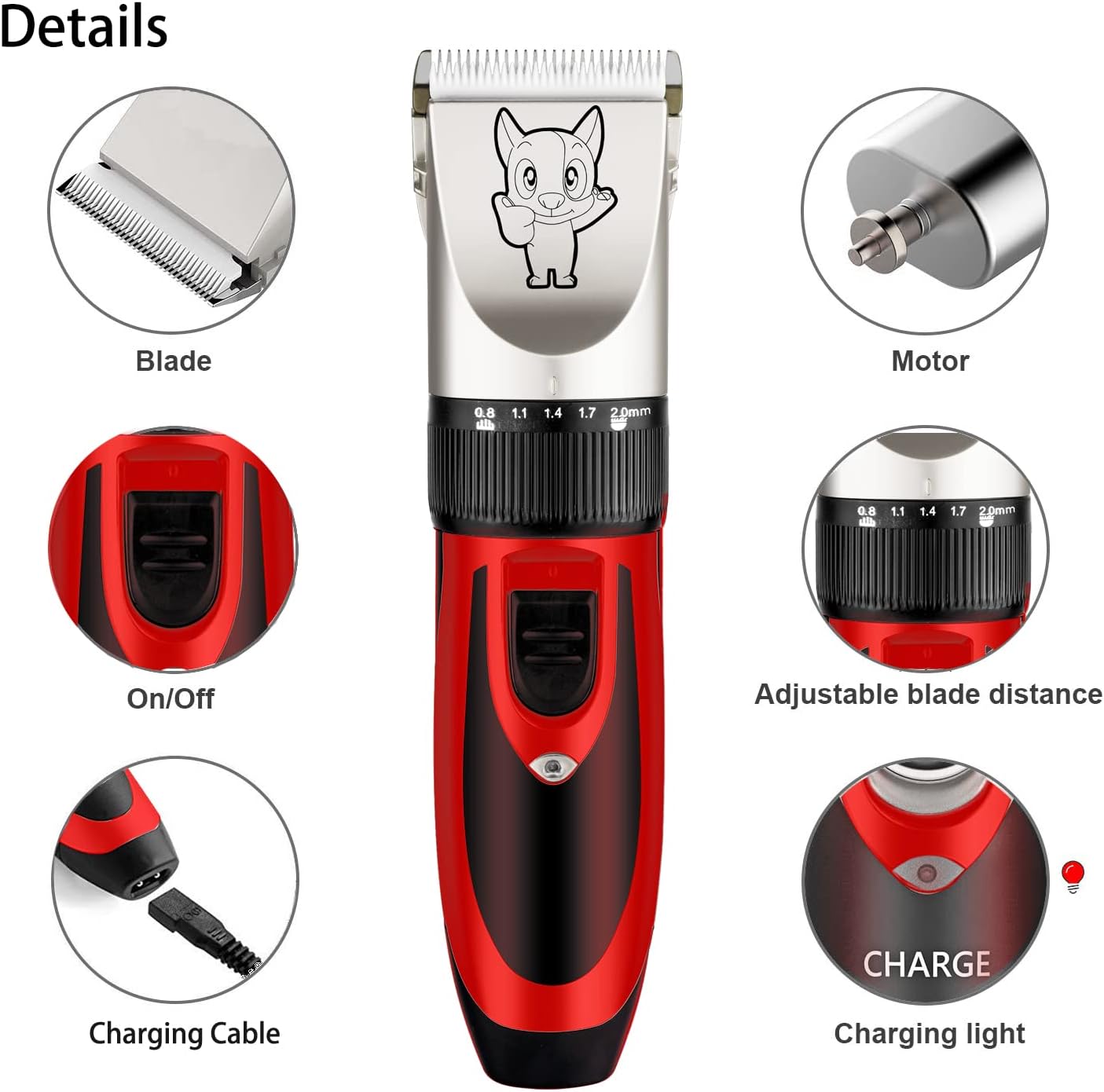 Dog Grooming Kit Clippers, Low Noise, Electric Quiet, Rechargeable, Cordless, Pet Hair Thick Coats Clippers Trimmers Set, Suitable for Dogs, Cats, and Other Pets(Red)