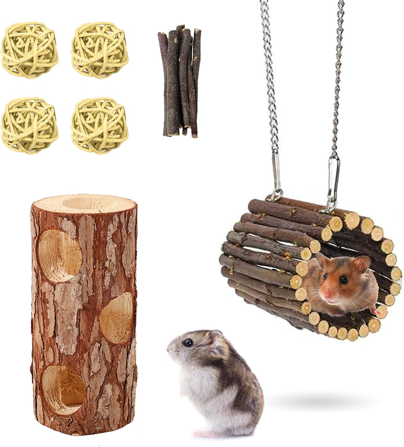 Natural Wooden Hamster Tunnels & Hideouts – Chew-Safe Birch Trunk Tubes for Dwarf Hamsters, Gerbils, Mice – Cage Accessories, Exercise Toy, Forest-Themed Small Pet Habitat