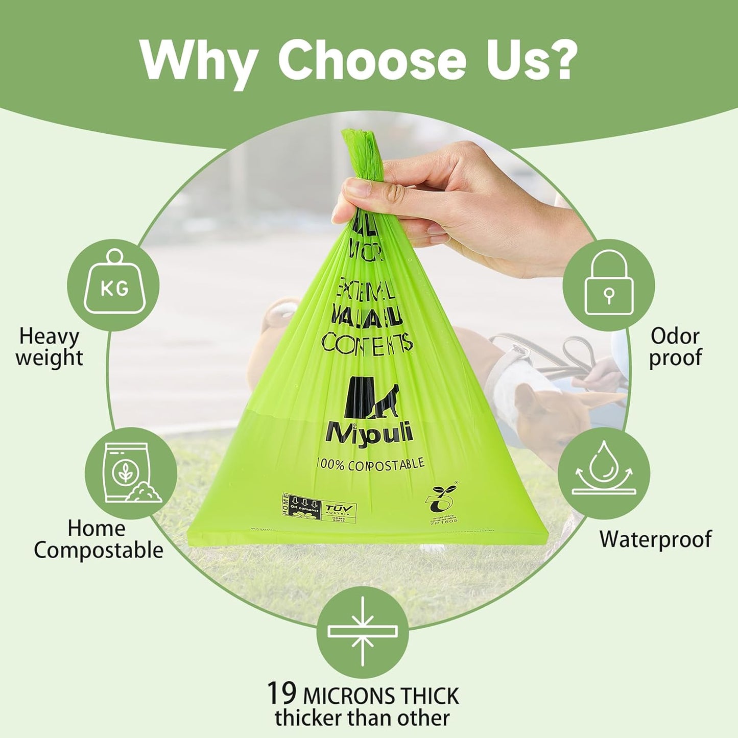 100% Certified Compostable Dog Poop Bag Rolls, 120 Bags (8 Rolls) Eco-Friendly Poop Bags for Dogs, Leak Proof Unscented Easy Open Poop Waste Bag（Green）