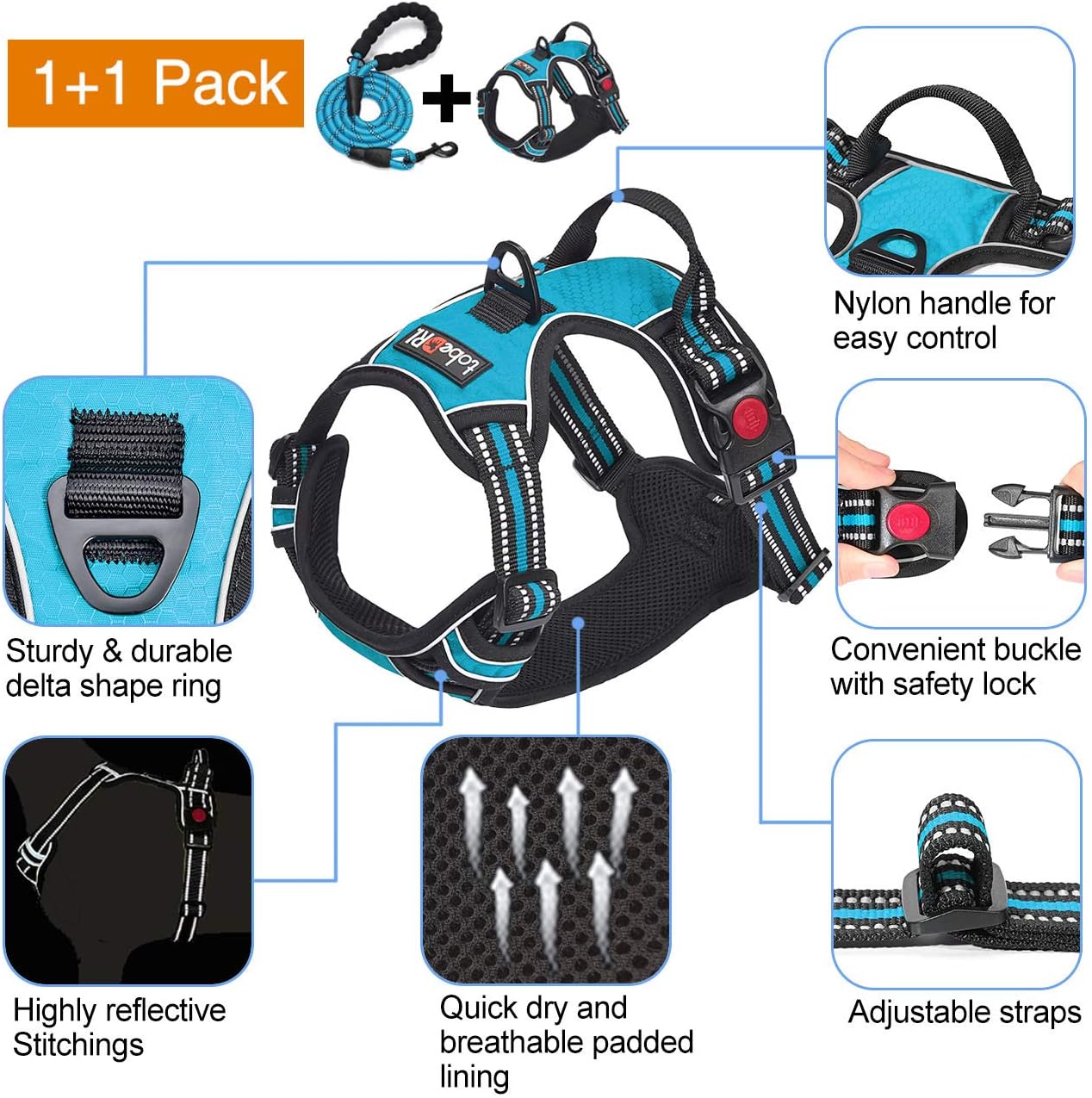 No Pull Dog Harness Adjustable Reflective Oxford Easy Control Medium Large Dog Harness with A Free Heavy Duty 5ft Dog Leash (M (Neck: 14.5"-20.5", Chest: 22"-28"), Blue Harness+Leash)
