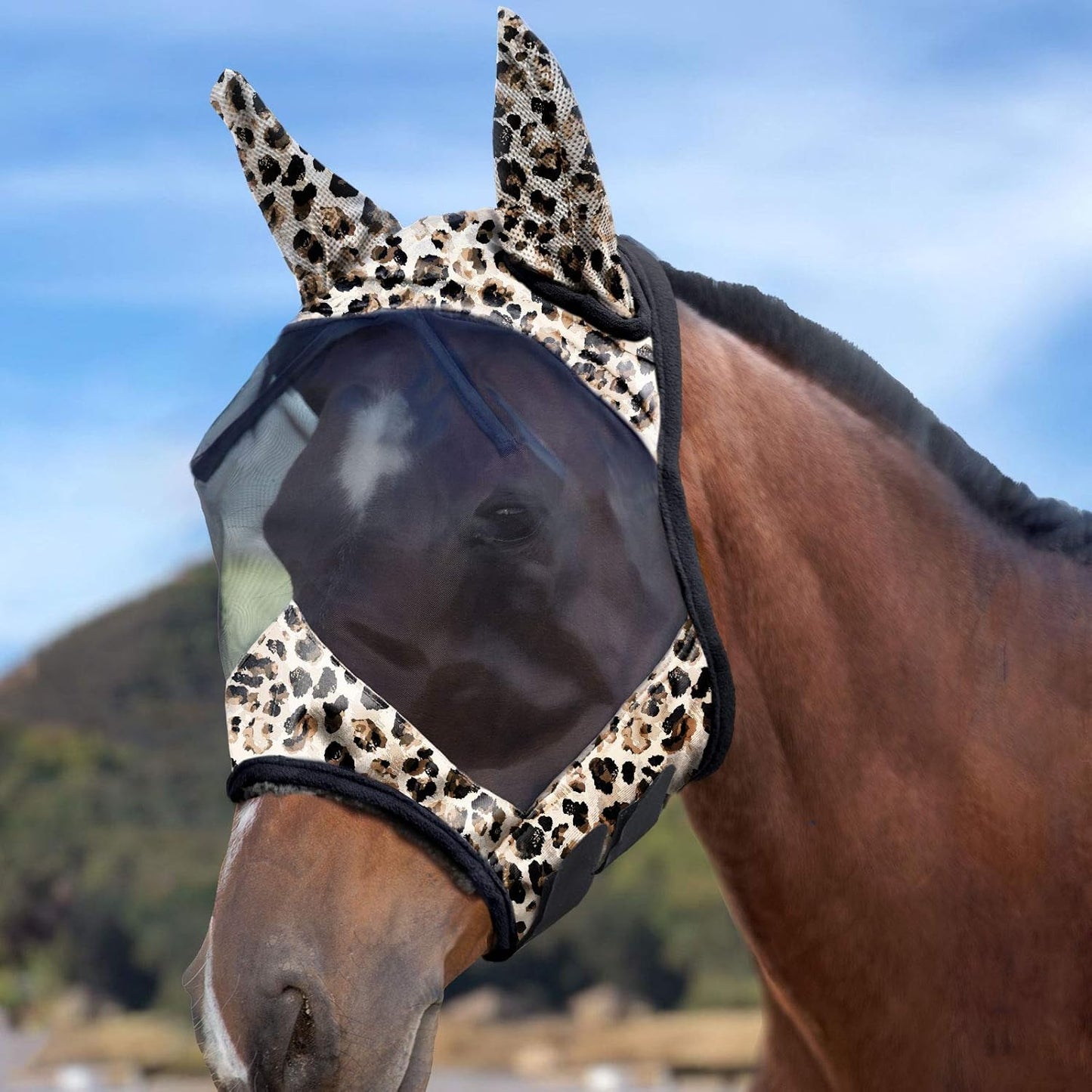 Harrison Howard LumiVista Horse Fly Mask Standard with Ears UV Protection for Horse Leopard Print L Full Size