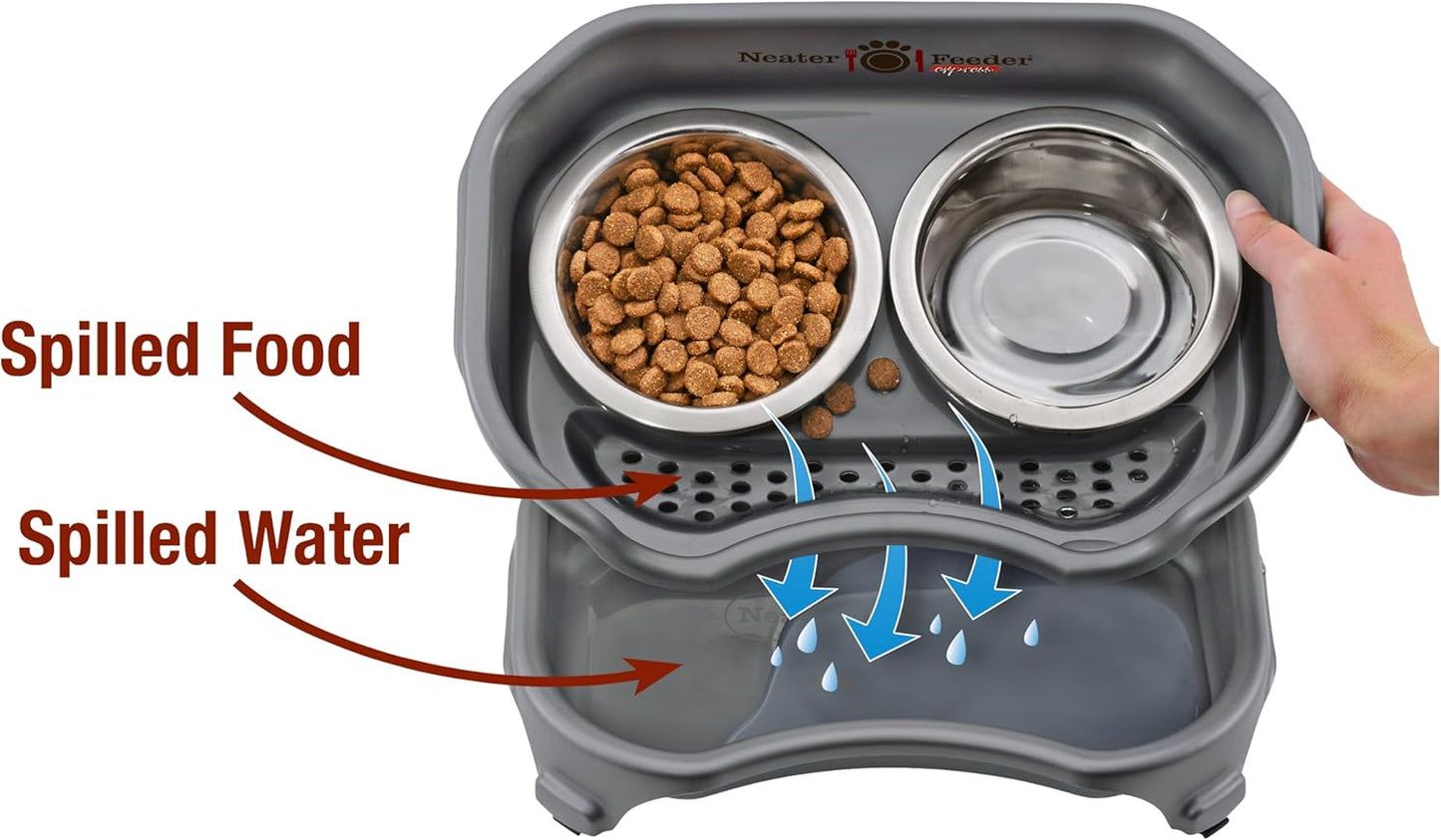 Neater Feeder Express Mess Proof Dog Bowls Elevated for Small Breeds Under 15 Lb, Made in USA, No Spill Raised Dog Food Bowl Stand, Stainless Steel Food and Water Bowl Set, Feeding Station, Grey