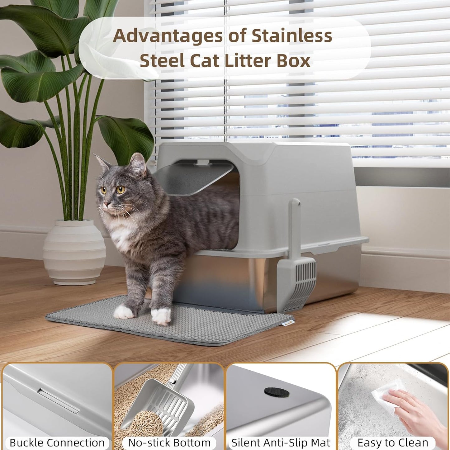 Stainless Steel Cat Litter Box with Lid, Extra Large, Great for Large & Small Cats, Easy to Clean, Anti-Leakage, Non-Sticky, Multifunctional 2 in-1 Metal Cat Litter Box - Light Gray