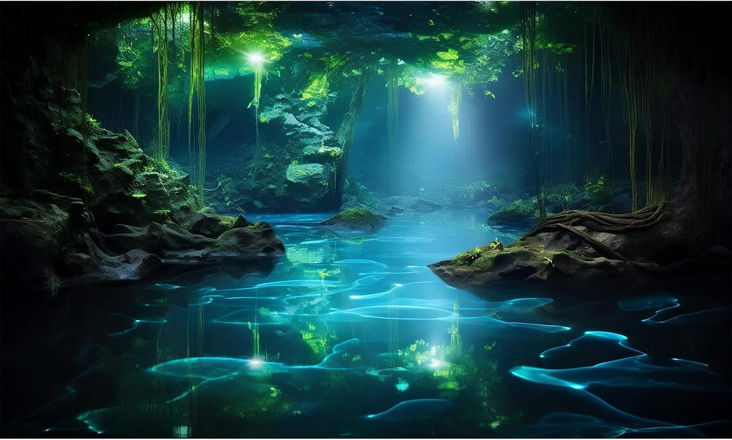 Cave Aquarium Background Underwater Cave with Light Beam Tranquil Stream Terrarium Background Mysterious Elegant Fantasy Tropical Plants Fish Tank Backdrop Wallpaper Poster Decorations Vinyl 72x18in