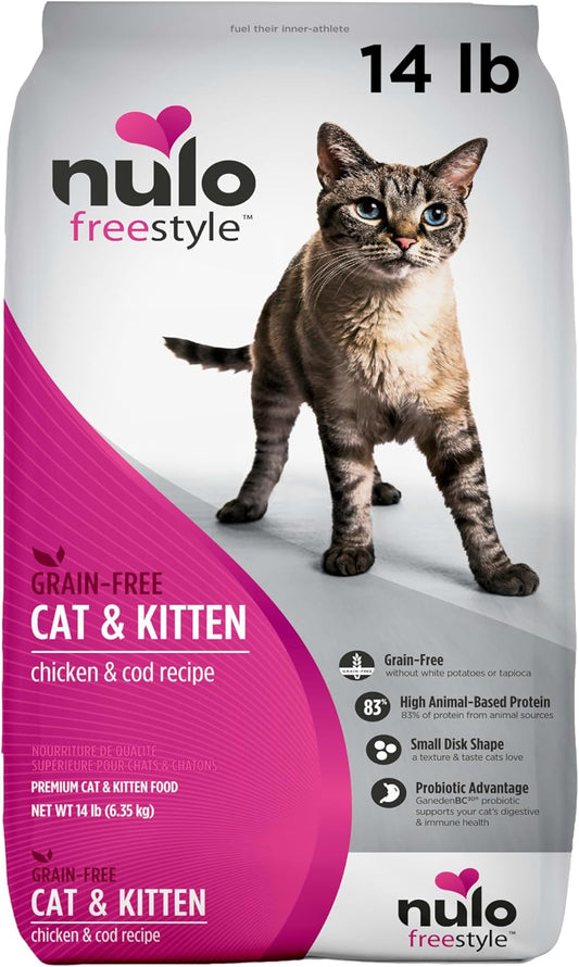 Nulo Freestyle High Protein Cat & Kitten Food, Chicken & Cod Recipe - Natural Grain-Free Dry Cat Food with Omega Fatty Acids & Probiotics, 14 lb Bag