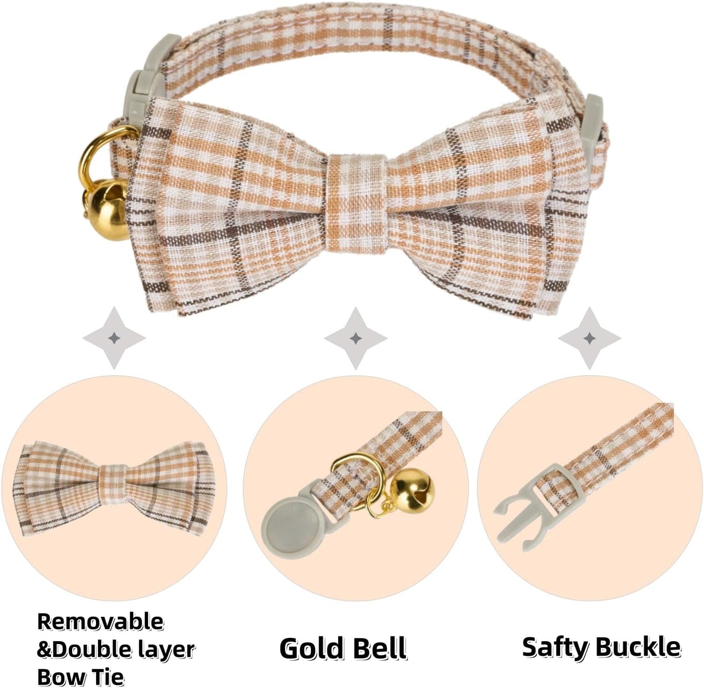 2 Pack Soft Cotton Cat Collars with Bowtie and Bell Breakaway Plaid Cat Kitten Collar(Beige and Amber)
