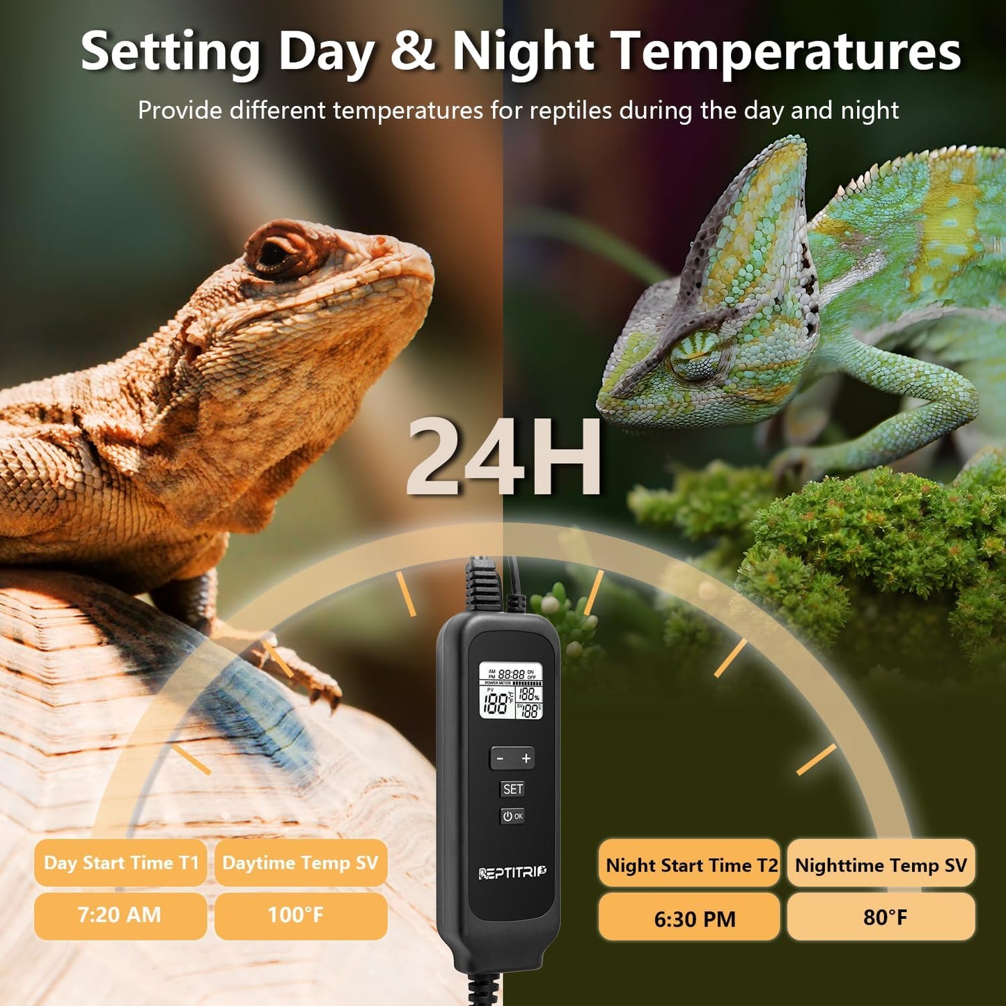 5.5 Inch Day-Night Thermostatic Reptile Heat Light Fixture - Heat Lamp Temperature Controller for Bearded Dragons, Snakes & Lizard – Bulb Not Included (Max 100W)