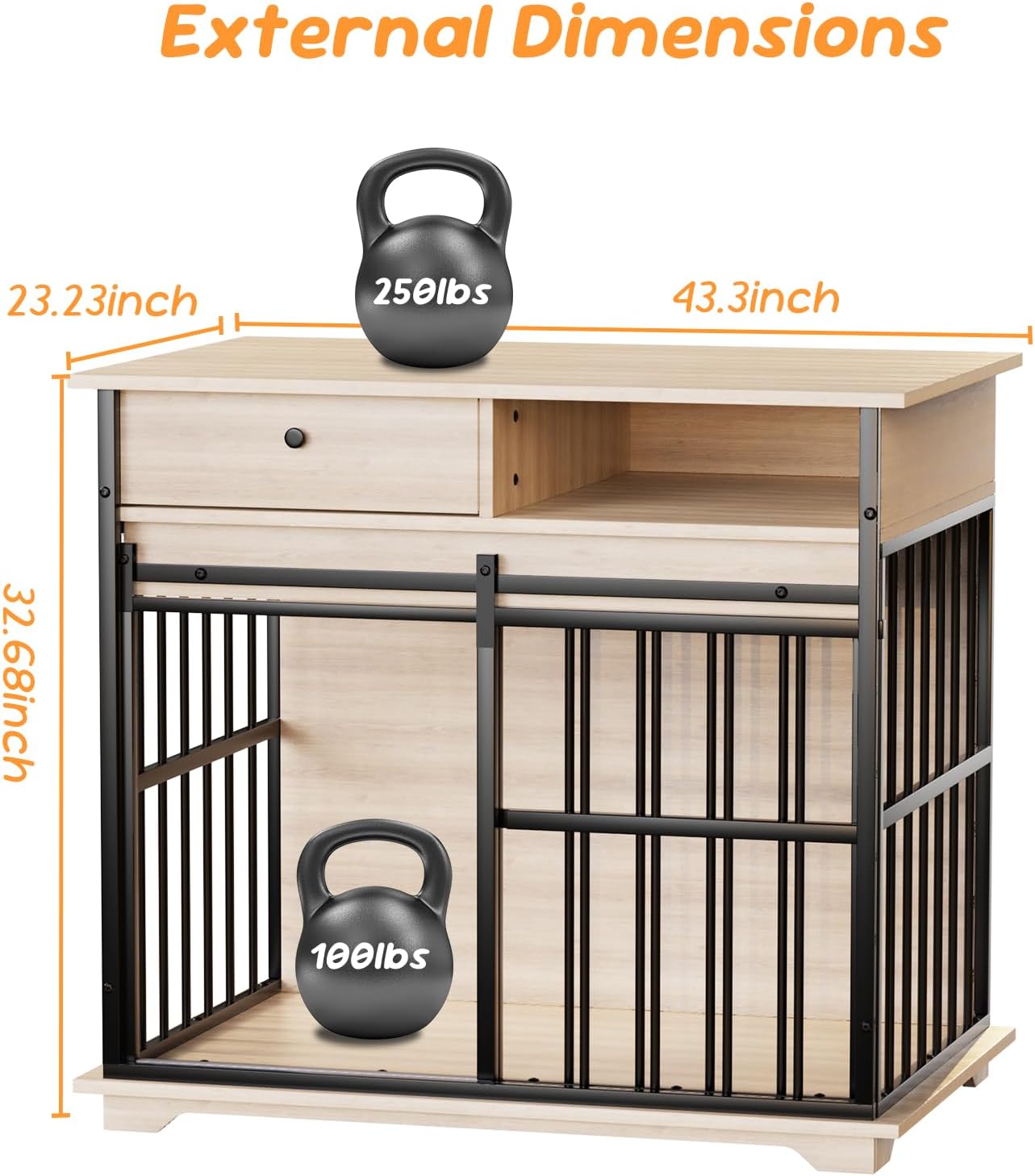 35.5" Dog Crate Furniture, Wooden Dog Crate Furniture for Medium Small Dogs, Wooden Dog Kennel End Table with Drawer and Open Shelves, Sliding Door Dog Kennel Furniture