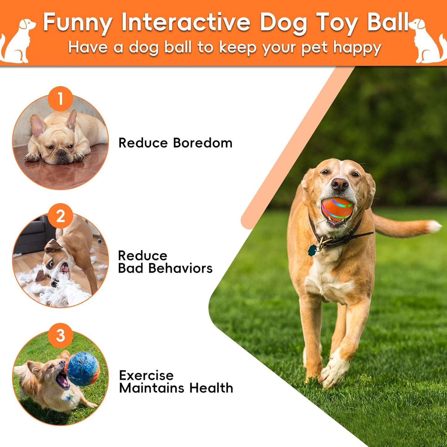 Interactive Dog Ball, Smart Interactive Dog Toys, Automatic Moving Vibrating Bouncing Pet Ball for Medium and Large Dogs, TPU Material, Rechargeable and Waterproof