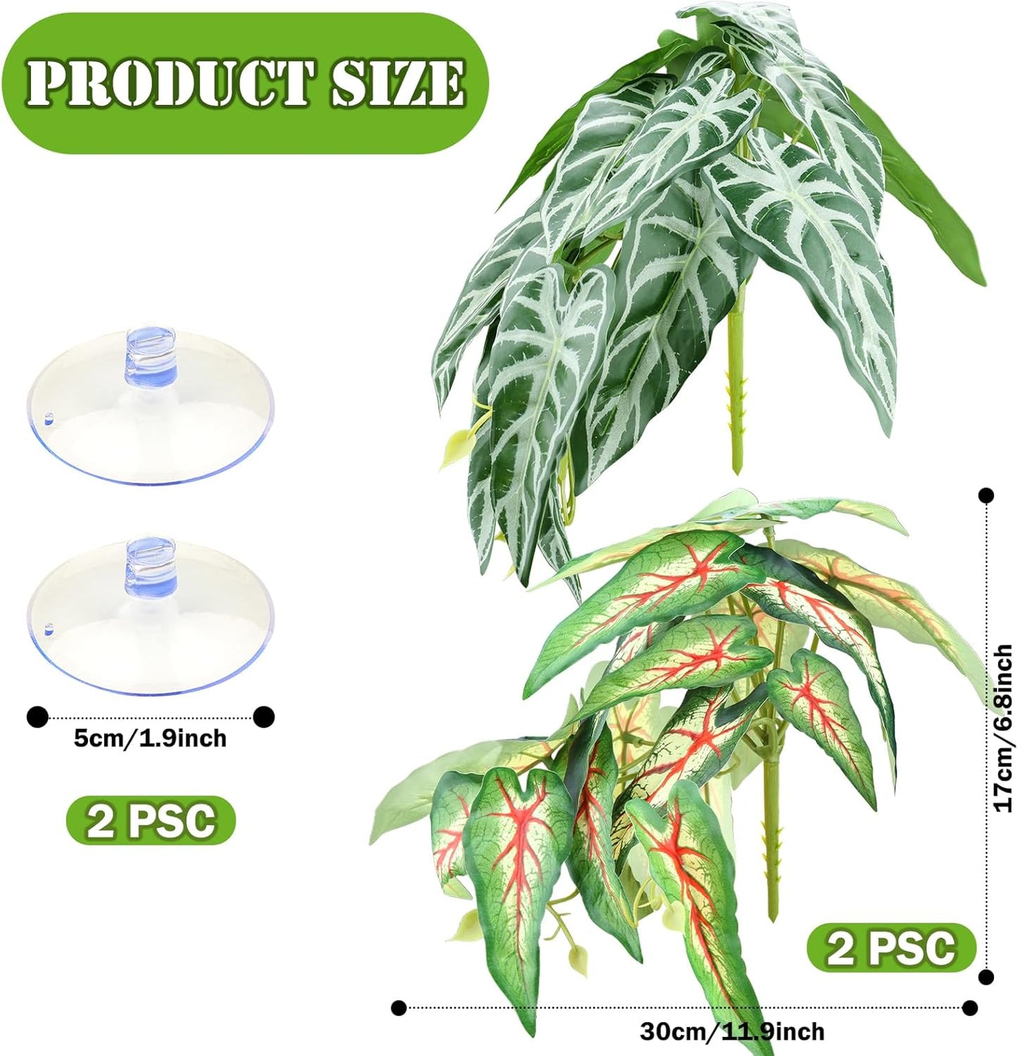 2 Pack Reptile Plants for Terrarium, Artificial Leaves Habitat Decorations with Suction Cups, Terrarium Hanging Plants Vines for Bearded Dragons Lizards Snake Geckos Frogs - red and White