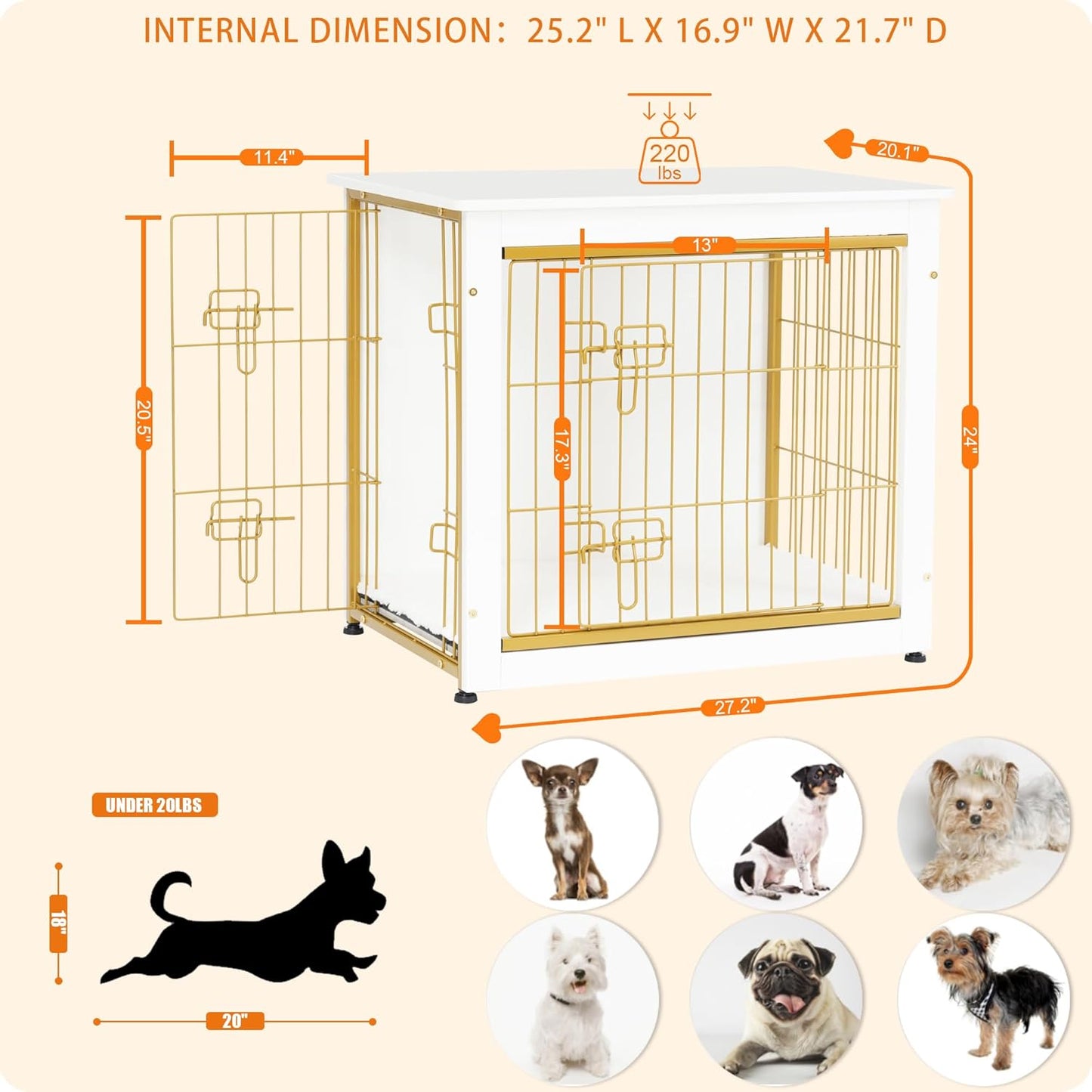 DWANTON Dog Crate Furniture with Cushion, Wooden Kennel Table with Double Doors, Indoor Dog House, Small/Medium/Large Size, 27.2" L, White