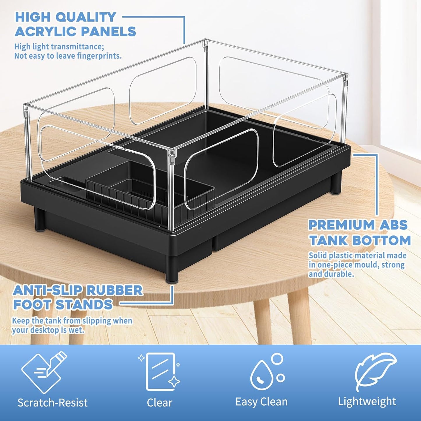 Small Turtle Tank, Aquarium, Acrylic Terrarium with Basking Platform, Bottom Drainage, Multi-Function Areas for Turtles, Crabs, Crayfish, Reptiles.(Black)