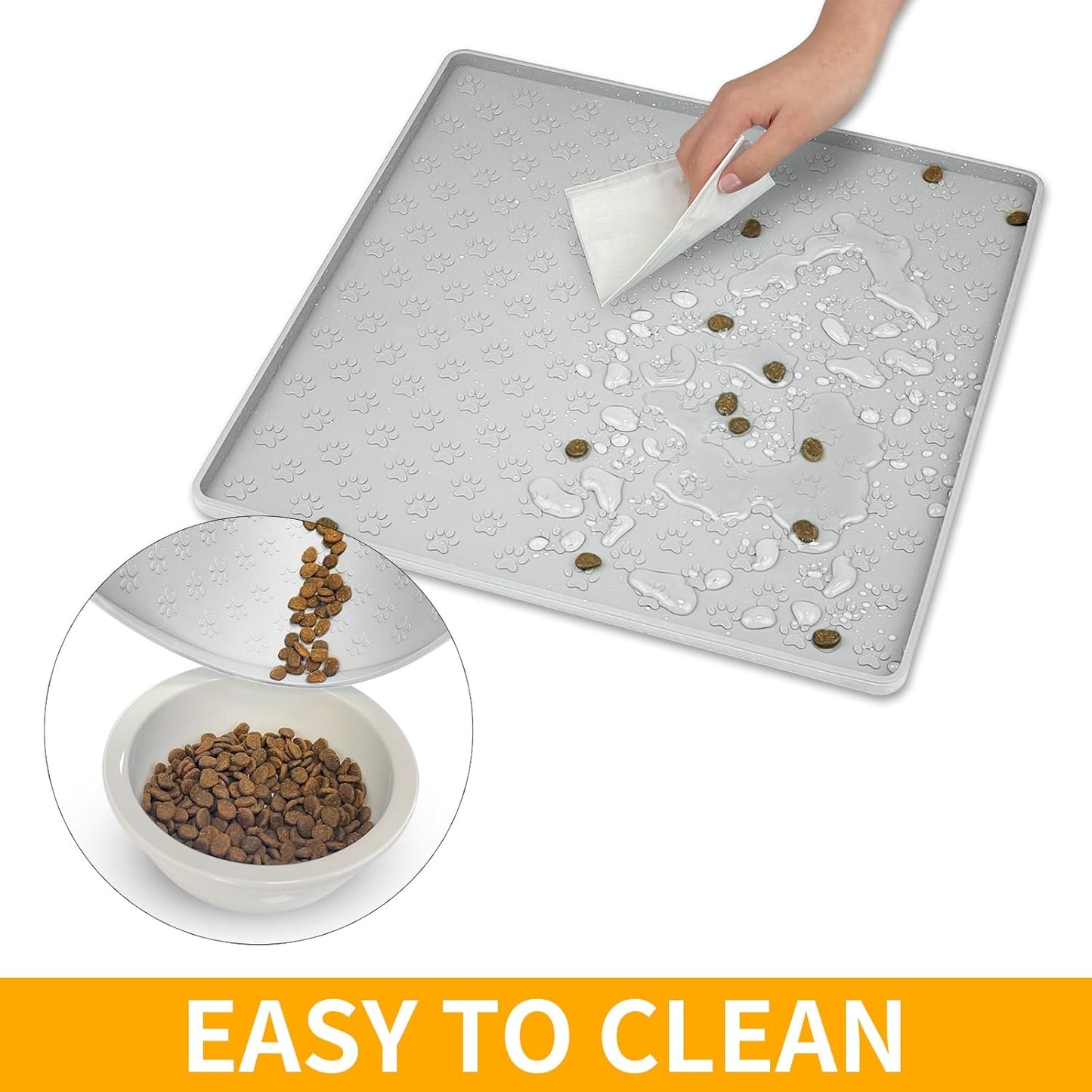 Ptlom Dog Food Mat Anti-Slip Bowl Mats for Food and Water, Waterproof Silicone Pet Placemat with High Raised Edges, Non-Slip Puppy Feeding Tray for Small, Medium Large Cats Dogs, Gray, 11.8"x11.8"