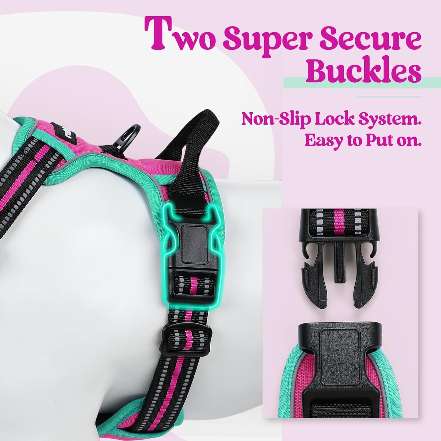 rabbitgoo Dog Harness No Pull with 2 Leash Clips, Adjustable Soft Padded, Reflective Oxford No Choke Pet Vest with Easy Control Handle for Large Dogs, Hot Pink & Turquoise, L