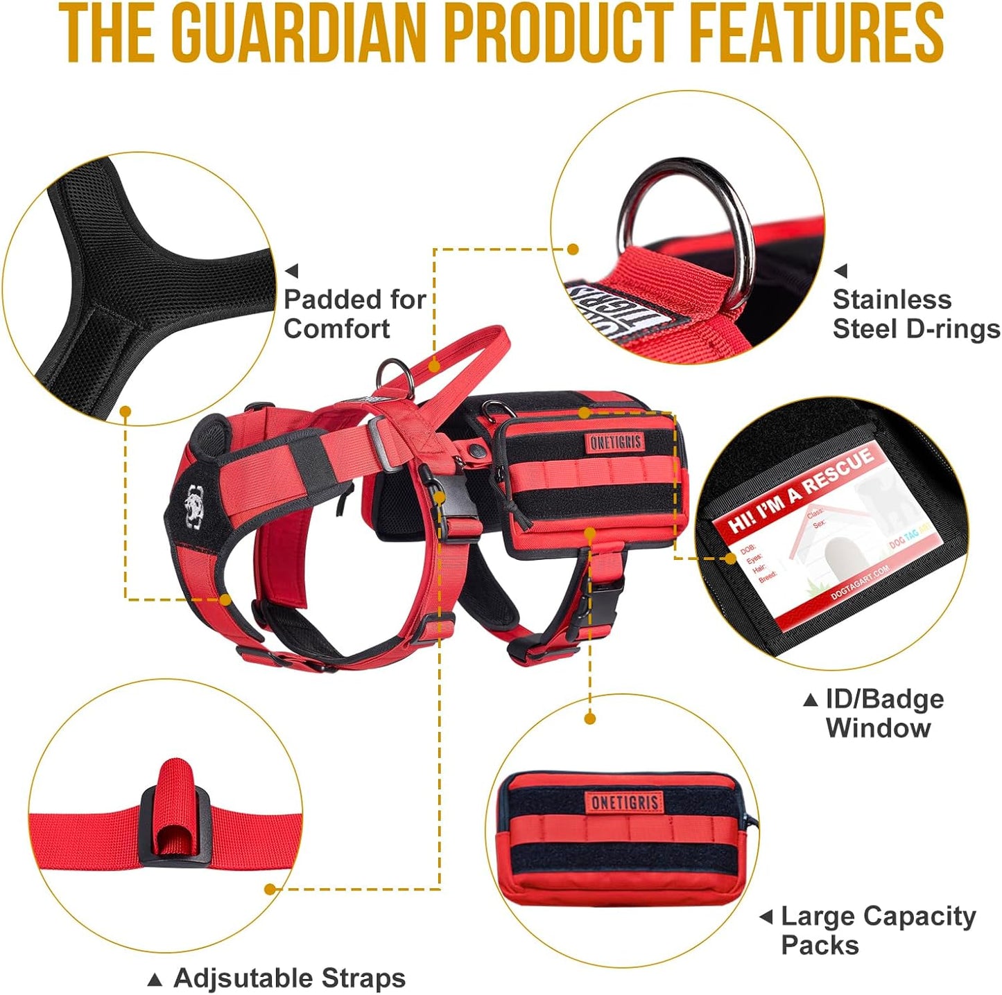OneTigris Service Dog Vest Harness, Service Dog Cape Guardian Dog Backpack Harness with Pouches Dog Saddle Bag for Small Medium and Large Dogs (Red, M)