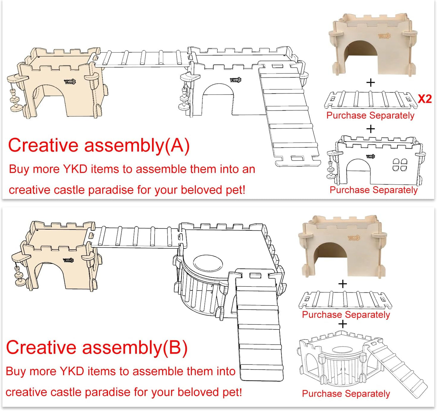 YKD Castle Chinchilla House - Small Animal Hideout for Chinchilla Guinea Pig Hedgehog, or Rat - Ventilated Wooden Guinea Pig Hut Habitat with Multiple Doors (Medium)