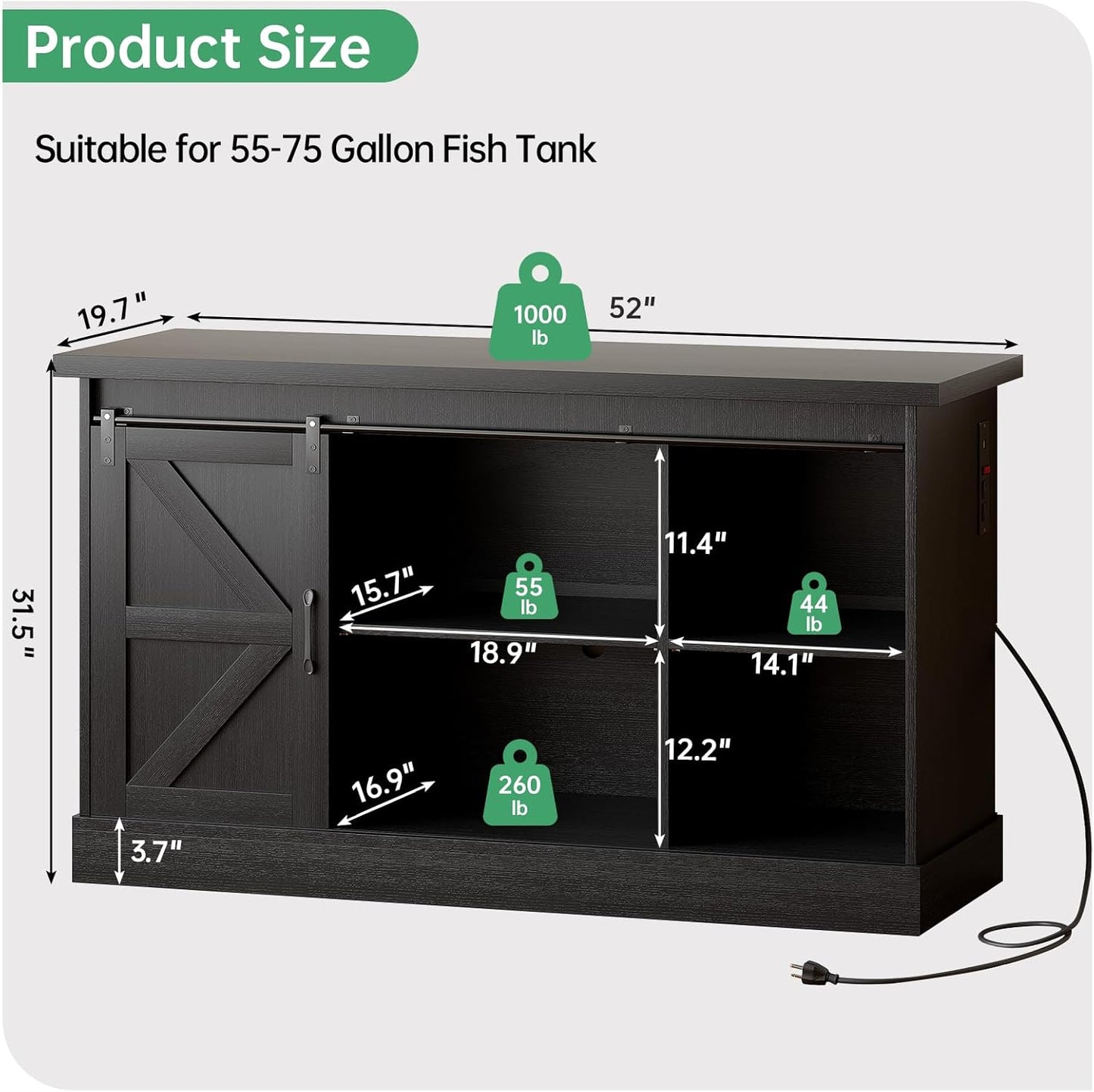 Fish Tank Stand Up to 75 Gallon, Aquarium Stand with Sliding Barn Doors & Power Outlet, Black Farmhouse Style Stand with Cabinet Storage for Fish Tank, Turtle Tank, Reptile Terrarium,1000LBS Capacity