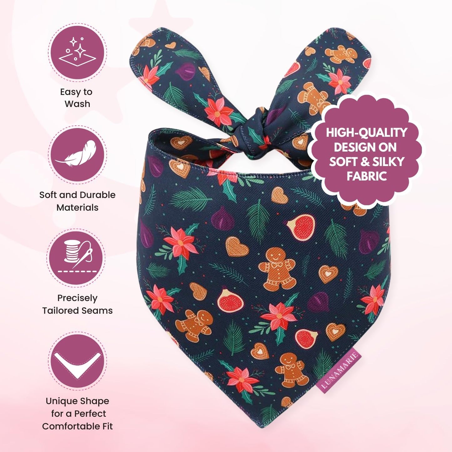 LunaMarie - Luxury Pet Birthday Bandanas -Premium & Silky Poly Fabric | 100% Handmade | Custom Shape Dual Layered (Gingerbread & Figs, Large)
