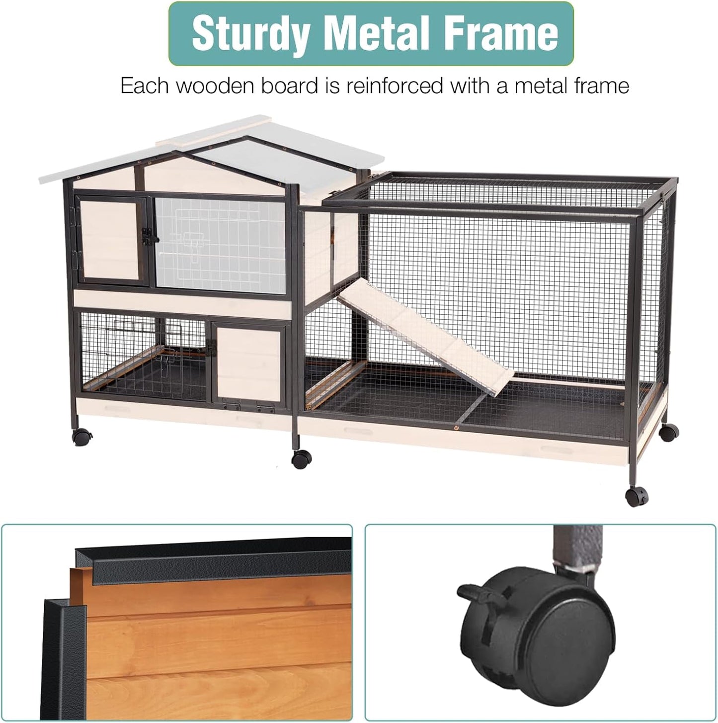 2-Story Rabbit Cage with Chew-Proof Metal Frame for Indoor/Outdoor - 62" Bunny Hutch Guinea Pig Cages with 6 Locking Wheels & 2 Removable Trays for Rabbits/Guinea Pigs