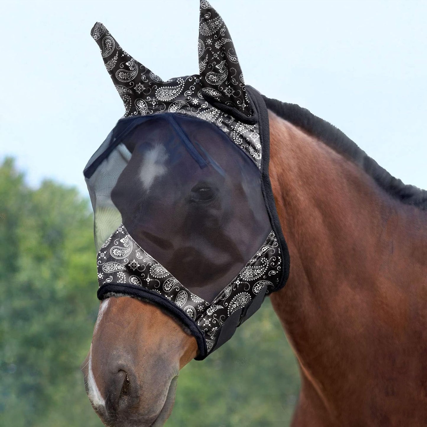 Harrison Howard LumiVista Horse Fly Mask Standard with Ears UV Protection for Horse Paisley Wave L Full Size