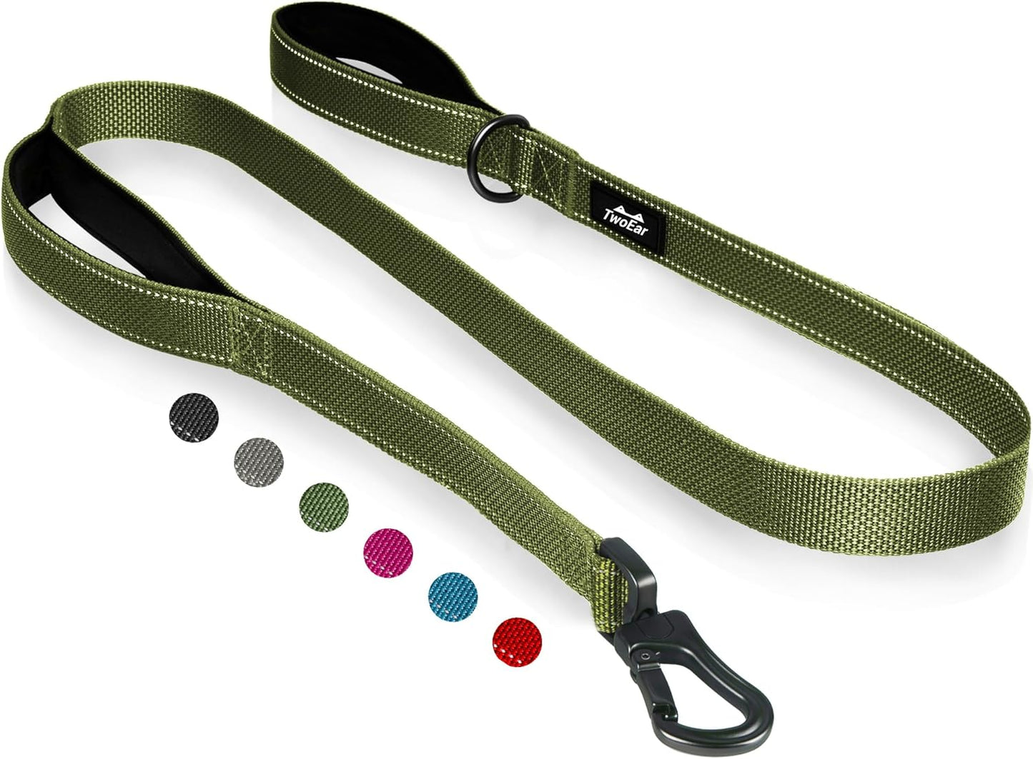 TwoEar 6FT 1IN Strong Green Dog Leash with 2 Padded Handles, Traffic Handle Extra Control, Comfortable Soft Dual Handle, Auto Lock Hook, Reflective Walking Lead for Small Medium and Large Dogs