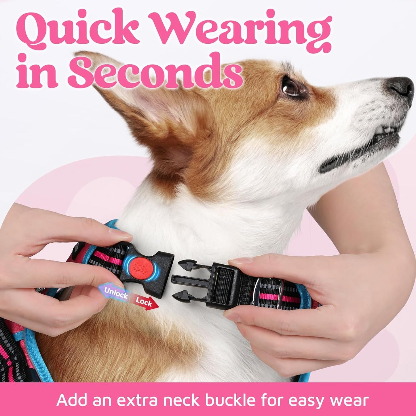 rabbitgoo Dog Harness for Large Dogs, No Pull Pet Vest with 3 Buckles, Adjustable Soft Padded Pet Harness with Easy Control Handle and Reflective Strips, Rose Pink & Blue, L
