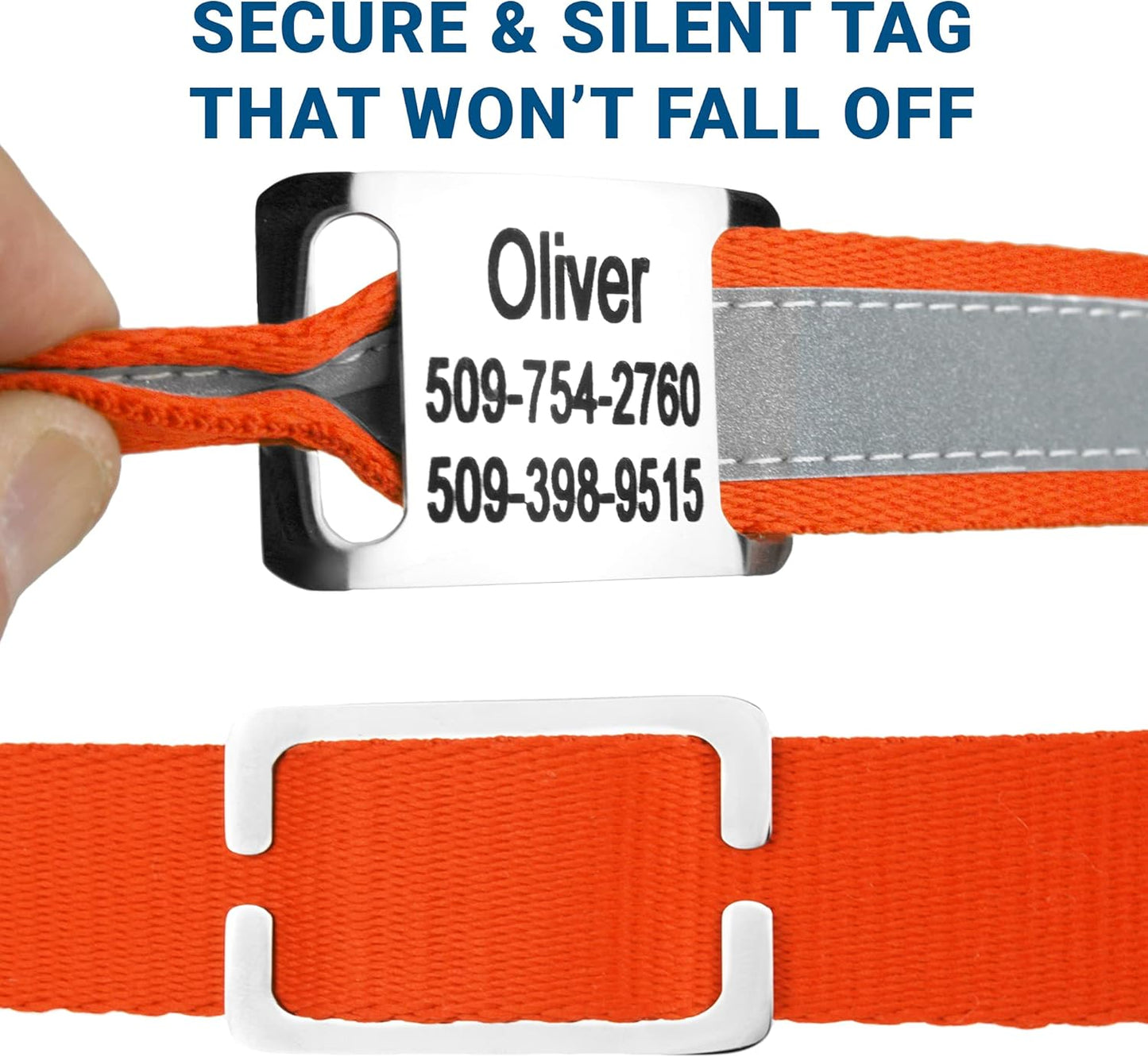 GoTags Reflective Personalized Dog Collar with Nameplate, Adjustable Dog Collar with Custom Engraved Steel Slide On Pet ID Tag, Silent, No Noise Dog Tag for Large Medium or Small (Orange, Medium)
