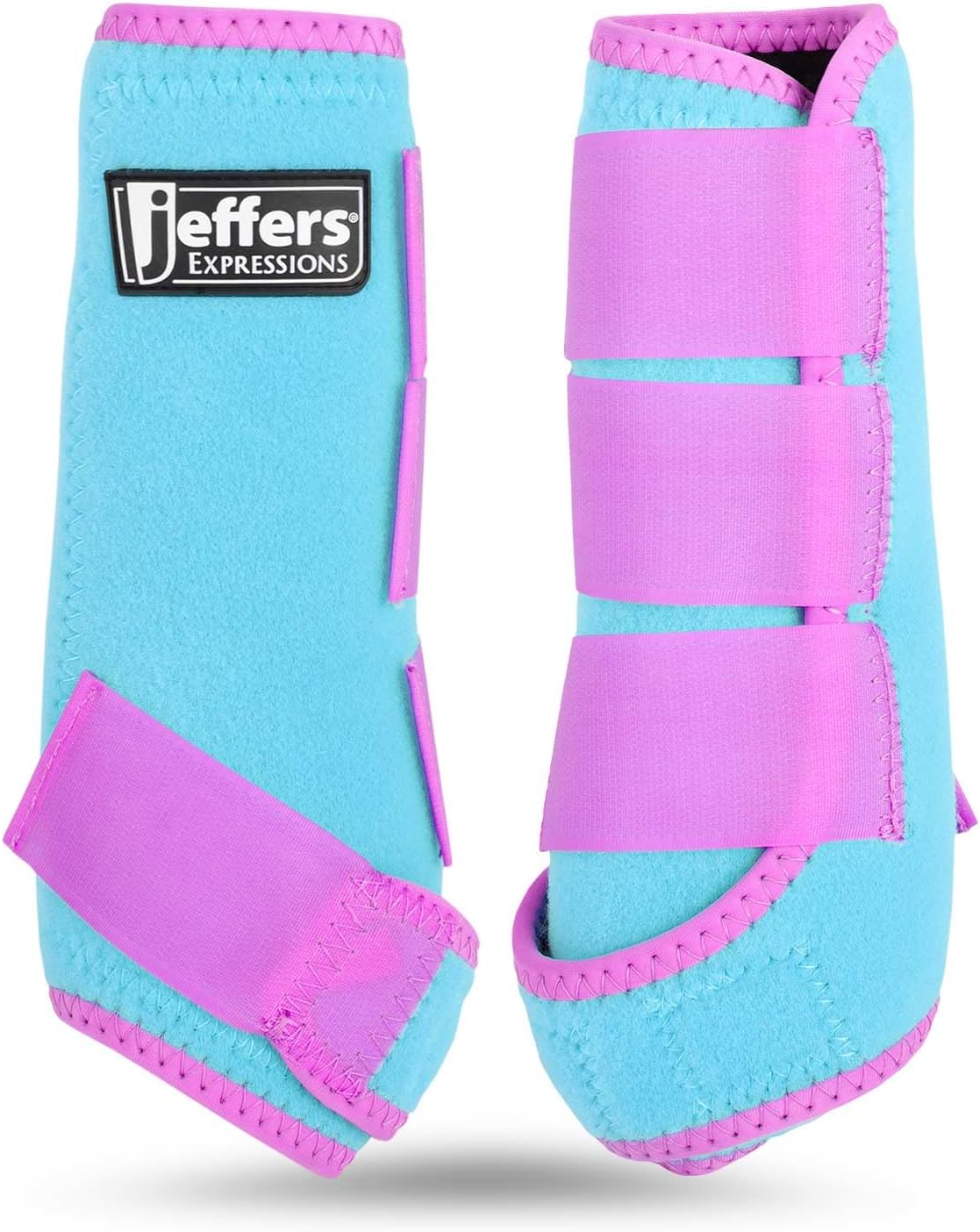 Jeffers Equine Neon Horse Boots – 1 Pair – Turquoise & Purple – Medium Size – Breathable Neoprene, Secure Straps Closures – Durable Protection for Front & Hind Legs, Trail & Riding Use