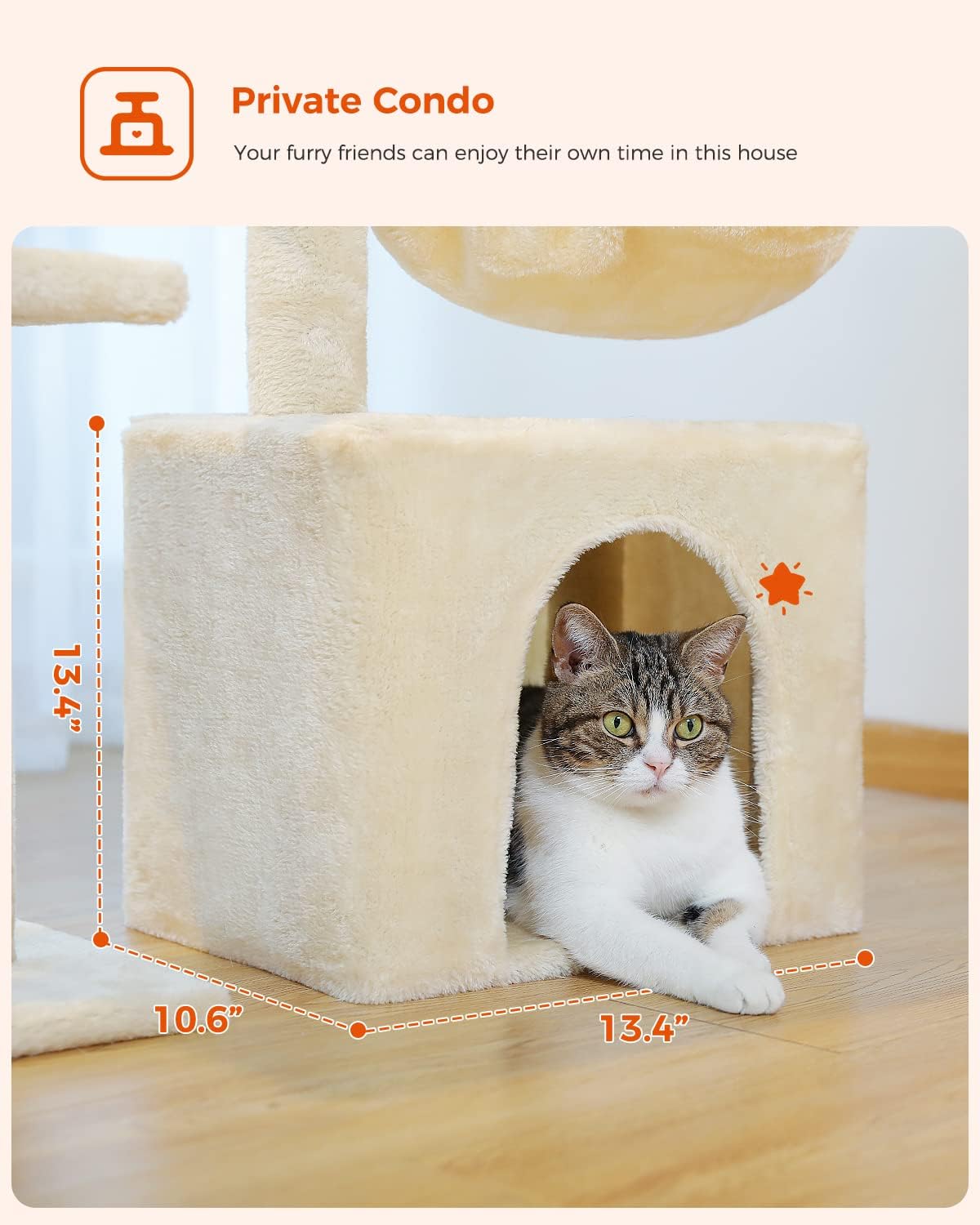 PEQULTI Small Cat Tree, [28.5''] Cat Tower for Indoor Cats, 2 Styles Activity Tree with Cat Scratching Posts, Big Hammock and Removable Top Perch Beige