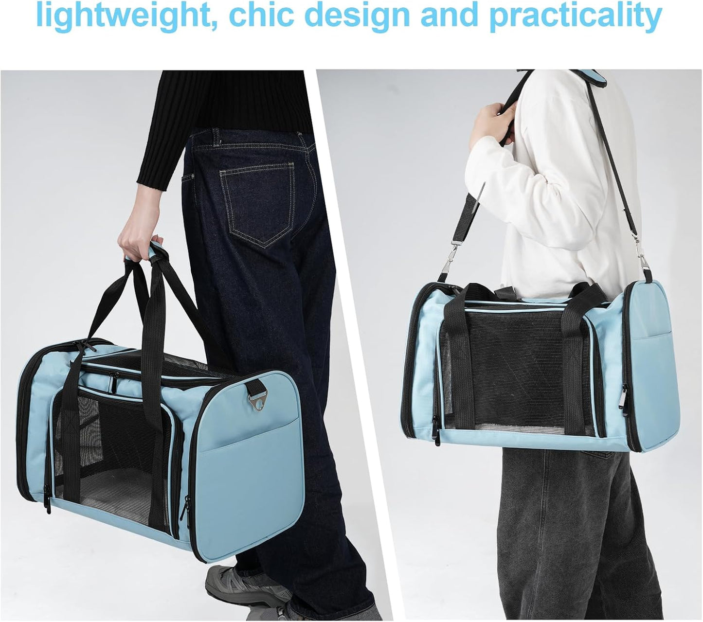 Roaringkitty Travel in Style: Portable Pet Carrier for Small Pets up to 15 Lbs- Airline Approved, Collapsible & Comfortable cat/Puppy Soft Sided Bag (Blue)