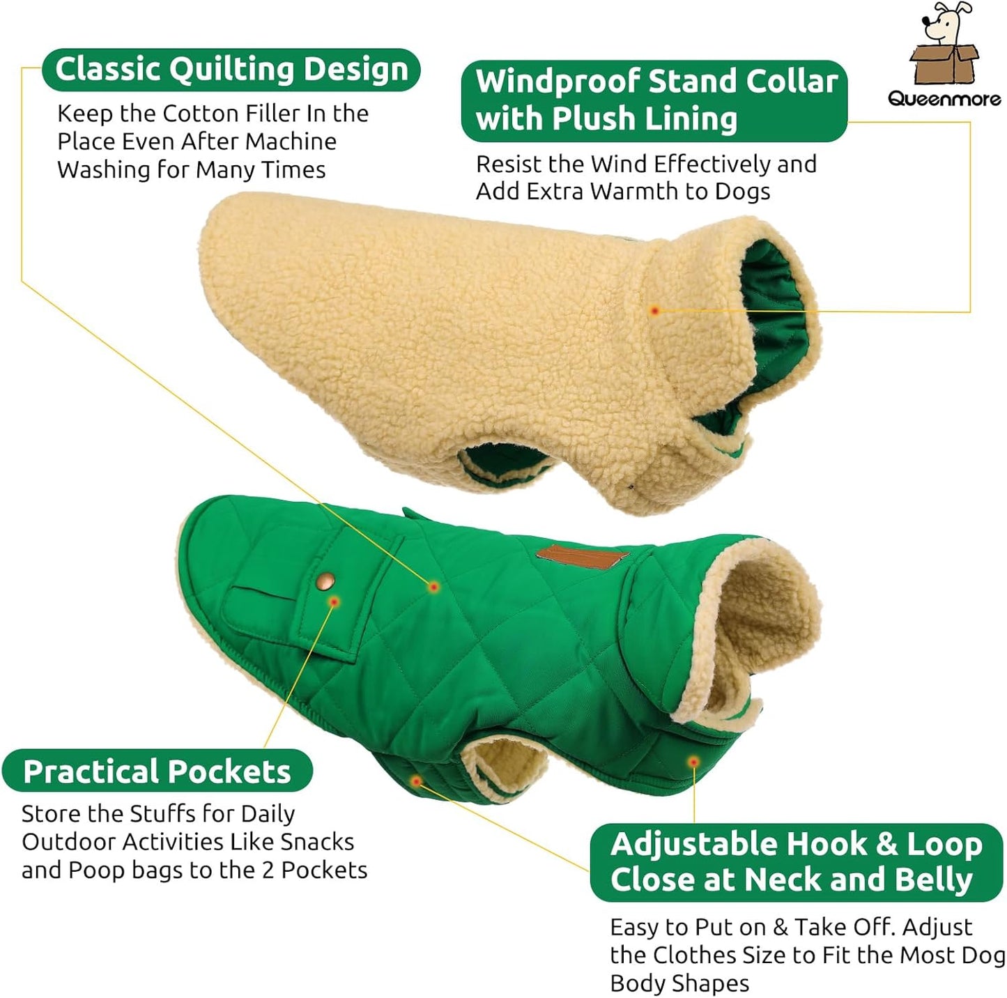 Queenmore Warm Dog Coat, Cold Weather Puffer Dog Coat Vest, Quilting Winter Pet Jacket Ultra Thick Plush Fleece Lining Pet Clothes for Dogs with Storage Pockets (Forest Green, Small)