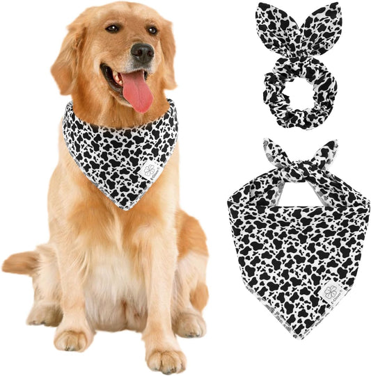 E-Clover Cow Print Dog Bandanas & Matching Scrunchie Set Fall Cowboys Theme Dog Scarf Bibs Pet Bandana with Bow Tie for Medium Large Dogs Owner Mom Black White