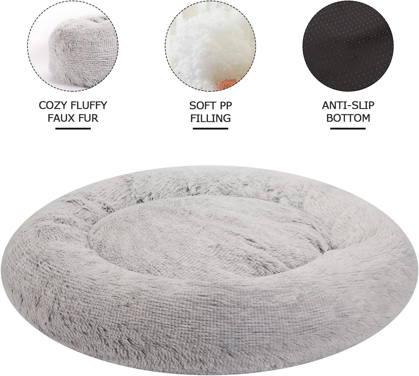 Bedfolks Calming Donut Dog Bed, 36 Inches Round Fluffy Dog Beds for Large Dogs, Anti-Anxiety Plush Dog Bed, Machine Washable Pet Bed (Light Grey, Large)