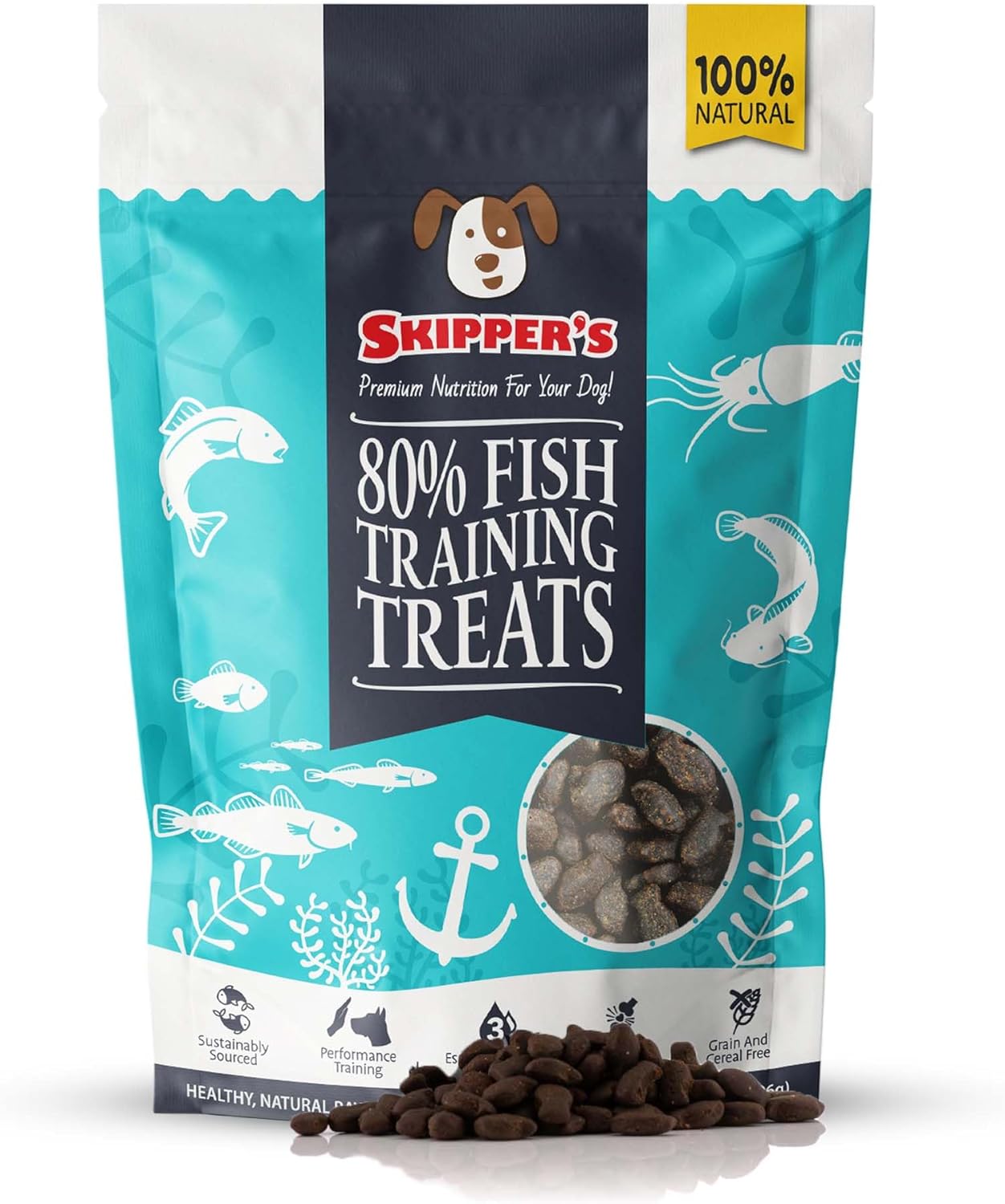 SKIPPER'S Fish Training Treats for Dogs - 80% Steamed Salmon & Trout, Grain Free Puppy Training Treats, All Natural Ingredients No Additives, Good for Digestion, Rich in Omega 3 | 3.5 Oz