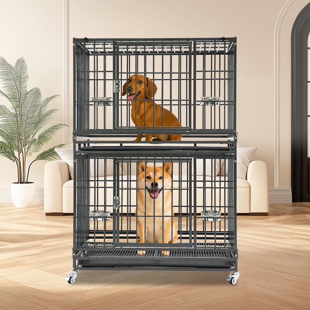 Homey Pet 37 Inch Heavy Duty Dog Crate Indestructible, Collapsible Dog Cage with Lockable Wheels, Removable Tray, High Anxiety Dog Kennel Indoor, Two Tiers Stackable Dog Crates for Medium Dogs