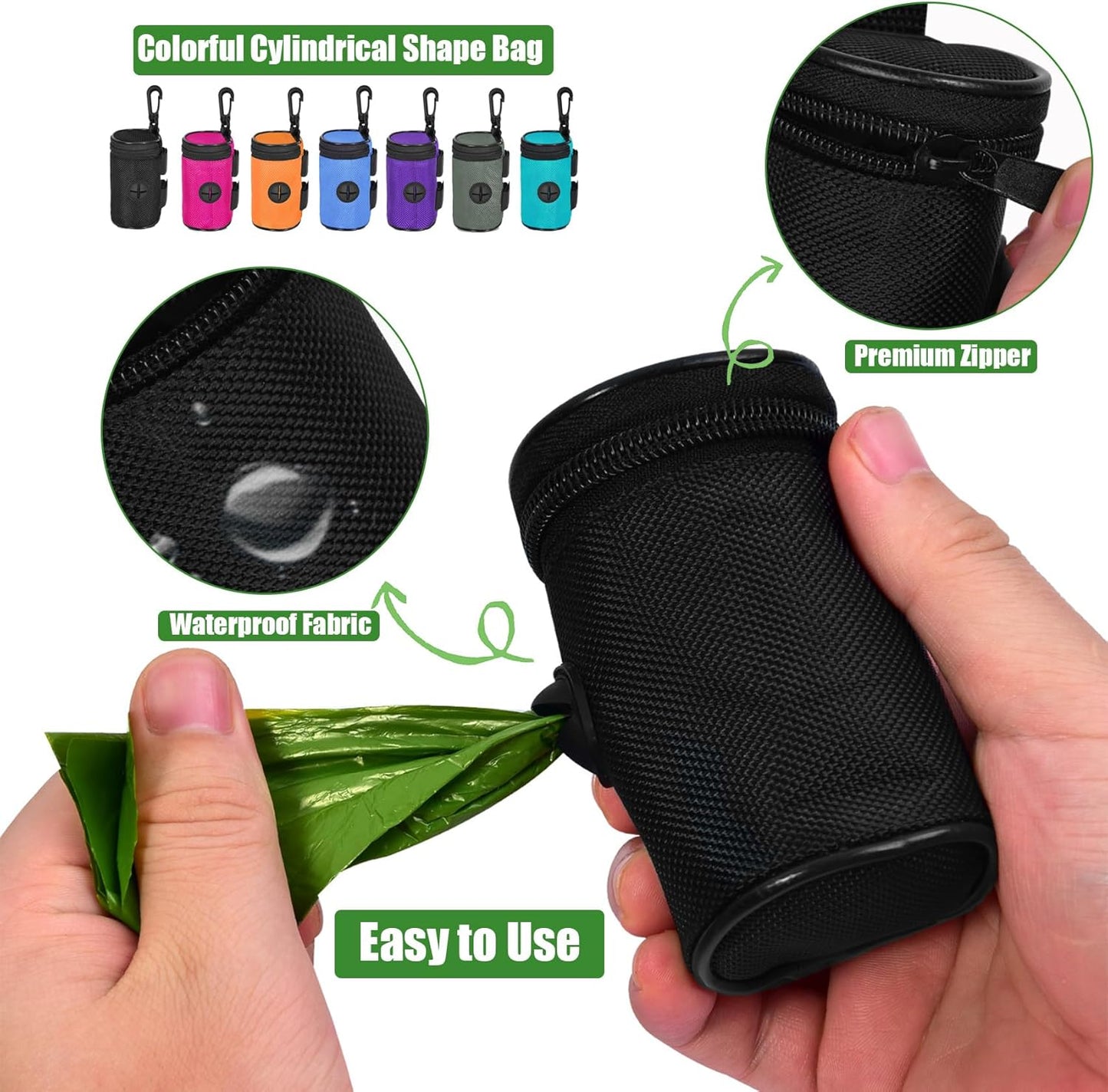 Dog Poop Bag Holder for Leash Attachment - Waste Bag Dispenser for Leash - Fits Any Dog Leash - Portable Set with Hand Free Holder Metal Carrier, Black Round Shape