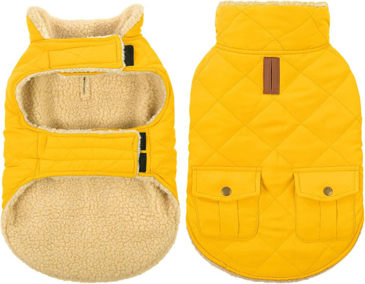 Queenmore Dog Winter Coat Warm Puffer Jacket Waterproof Plush Lining Thermal Cold Weather Vest for Small Medium Large Dogs, Windproof Easy On Pet Jacket Yellow L