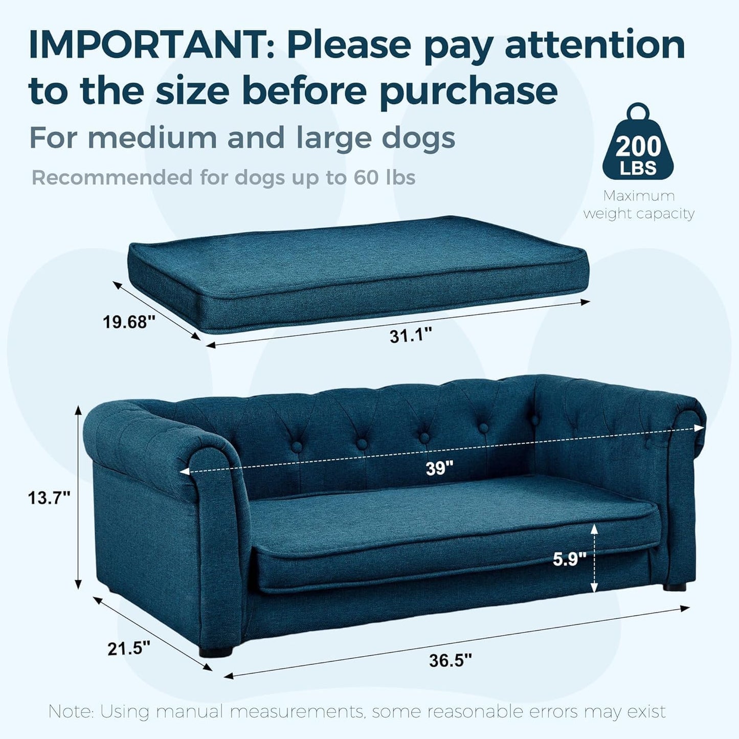 Dog Sofa Couch for Medium to Large Dogs, 31" Memory Foam Dog Couch with Washable Fabric, Removable Cushion, Sofa Bed for Medium and Large Dogs, Blue