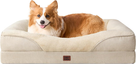 EHEYCIGA Memory Foam Dog Bed for Medium Size, Orthopedic Dog Sofa with Sides and Waterproof Liner, Washable Bolster Pet Couch with Removable Cover, 35x22x6.5 Inch, Beige