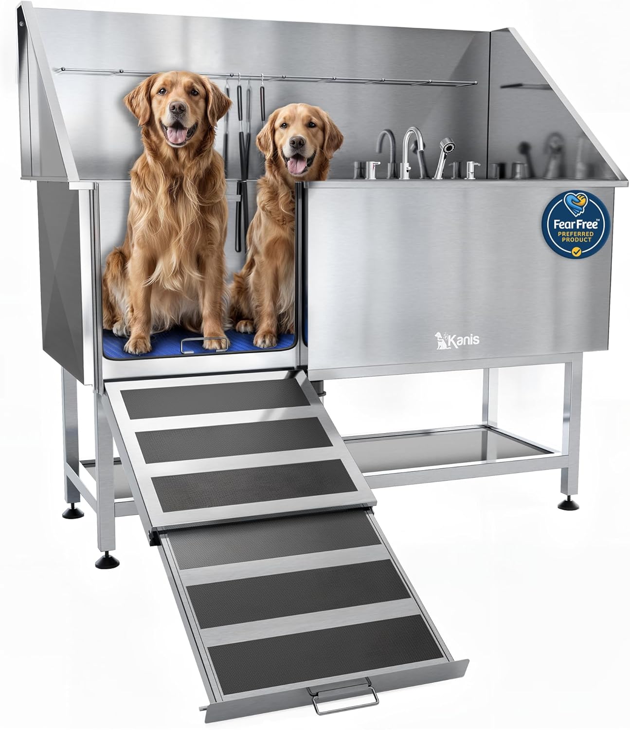 KANIS Professional Dog Washing Station - 304 Stainless Steel Pet Wash Sink & Grooming Bath Tub for Home with Ramp, Shower, Floor Grate, Storage Shelf, Faucet, Drain Kit for Large, Medium & Small Pets