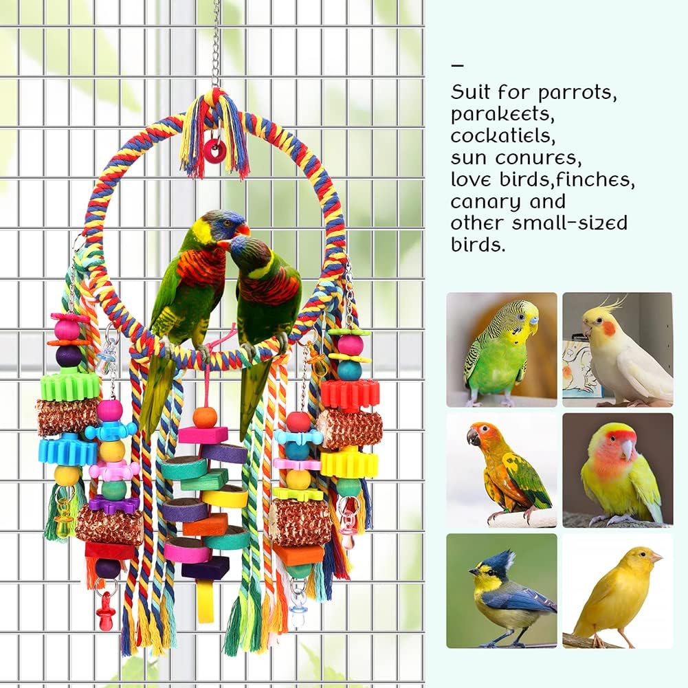 Bird Toys Bird Rope Ring Swing Perch with Corn Cob Cardboard Bagels Wooden Blocks Chewing Toys for Parakeets,Cockatiels,Conure,Lovebirds,Finches and Other Small-Sized Birds