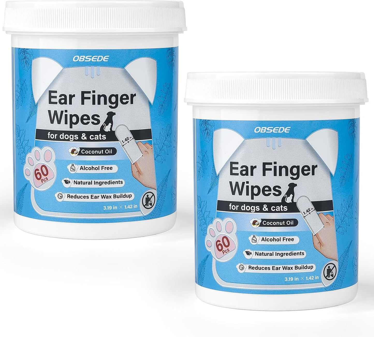OBSEDE Dog & Cat Ear Wipes, Finger Sleeve Design for Gentle Wax & Dirt Reduce, Odor Control, Fresh Coconut Scent, Easy at-Home Pet Grooming, 120 Count
