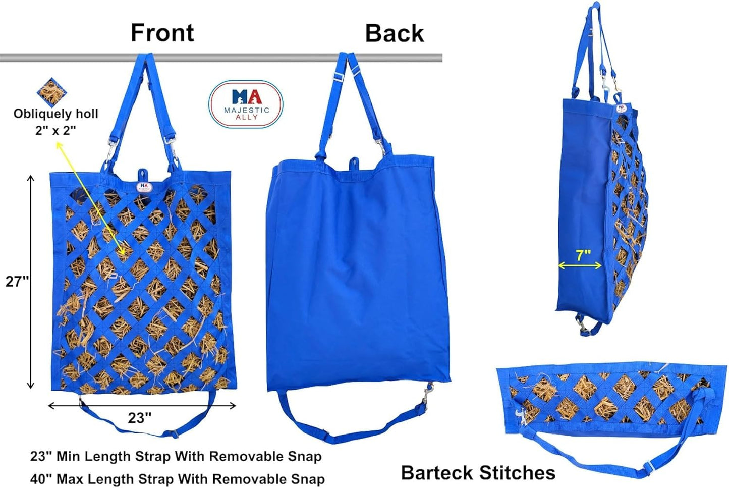 Majestic Ally Premium Nylon Hay Bag for Horses and Livestock, Simulates Grazing, Slow Feeding, Heavy-Duty PP Webbing,Quick-Adjust Straps, Small Hole for Digestion, Multiple Colors (Purple)