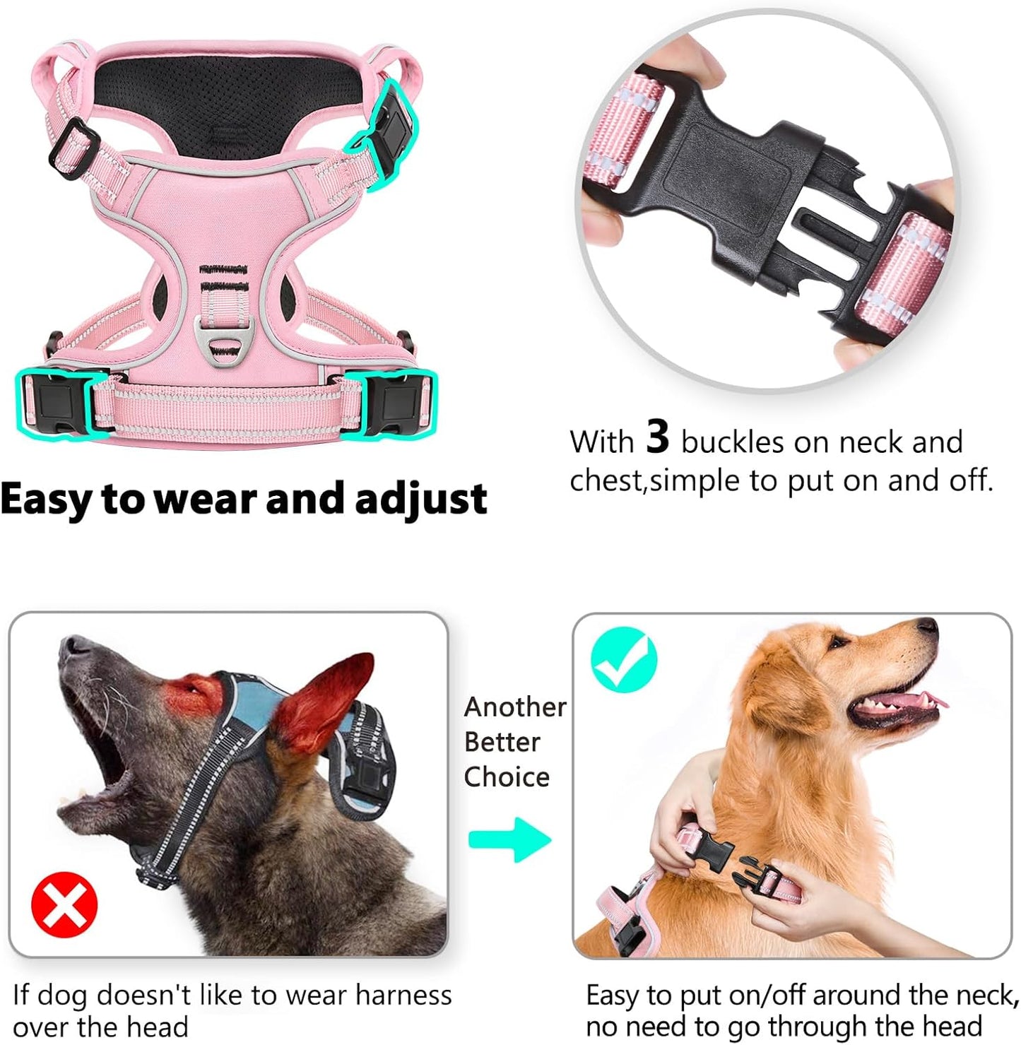 Timos Dog Harness, 3 Snap Buckles No-Pull Soft Padded Dog Vest with 2 Metal Leash Clips, Adjustable Reflective No Choke Pet Harness with Easy Control Handle for Medium Dogs,Pale Pink,M