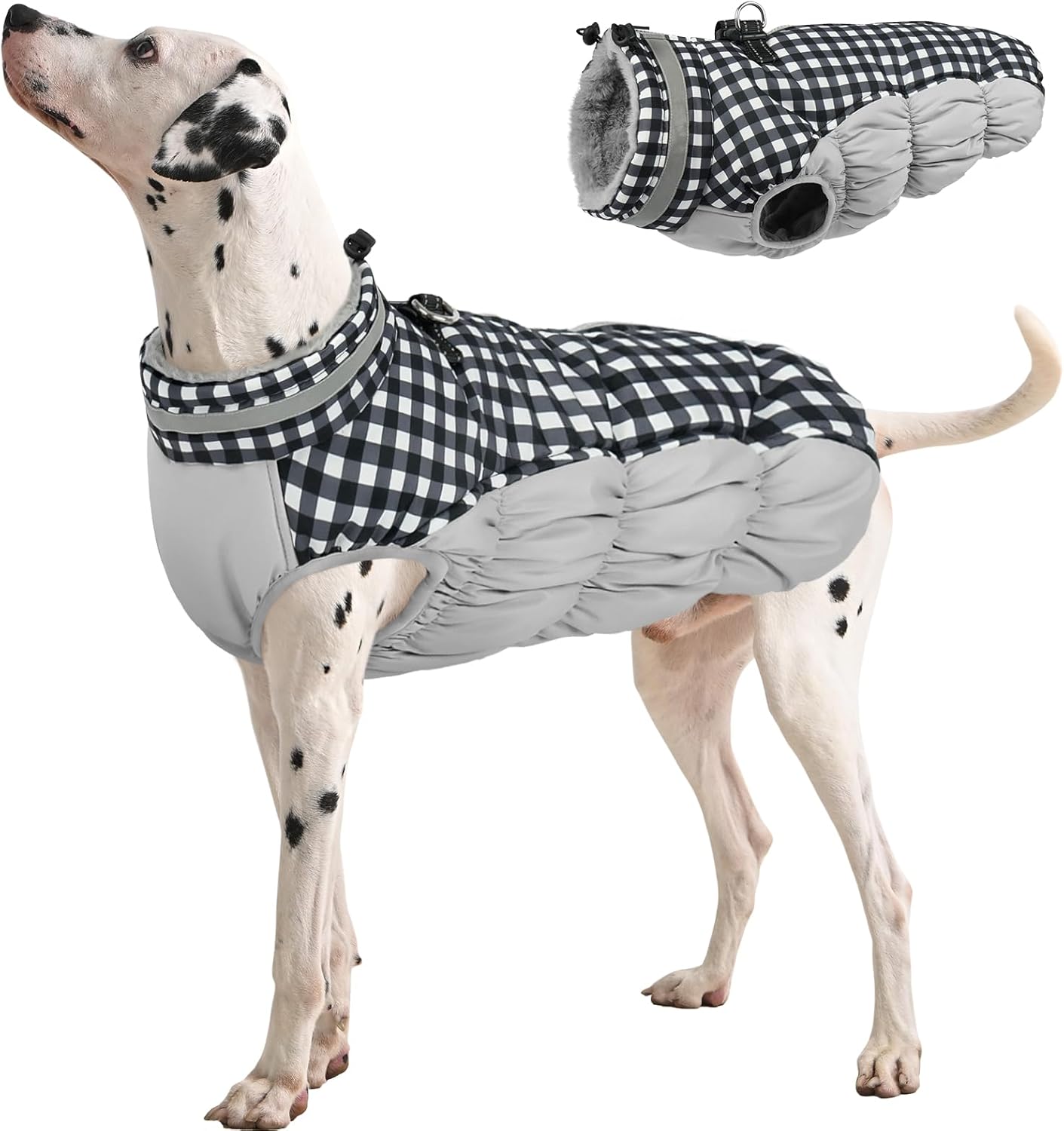 FUAMEY Dog Coat for Large Dogs,Waterproof Dog Winter Jacket with Harness Built in Puppy Cold Weather Coats Reflective Pet Vest with Zipper Warm Fleece Dogs Snowsuit Windproof Checkerboard XL