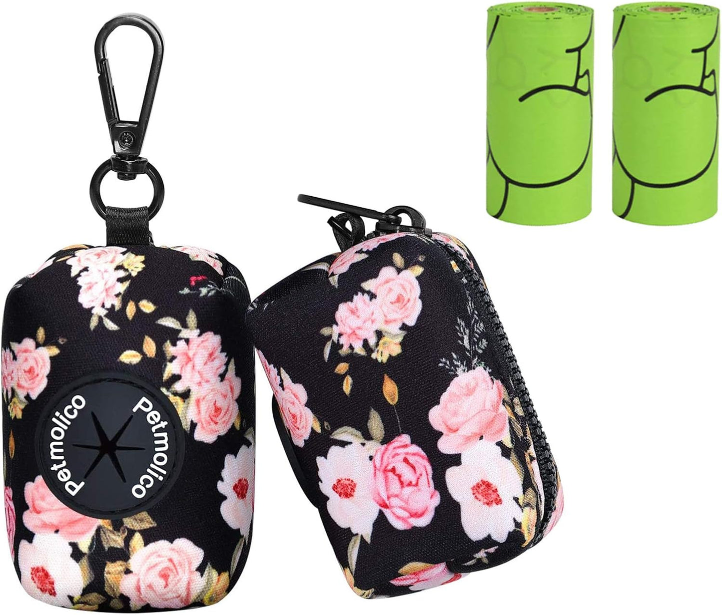 Petmolico Dog Poop Bag Holder Leash Attachment, Waste Bag Dispenser Zippered Pouch, Fits Any Leash, Includes Free Roll of Bags, 2 Packs - Pink Rose