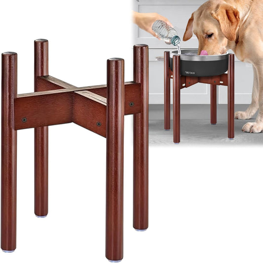 Stand for Dog Water/Food Bowl, Fountain Dishes and Feeders - Makes 14-inch High, Ideal for Large Breeds - Adjustable Sideways with Lock, Dark Wood - Bowls Not Included