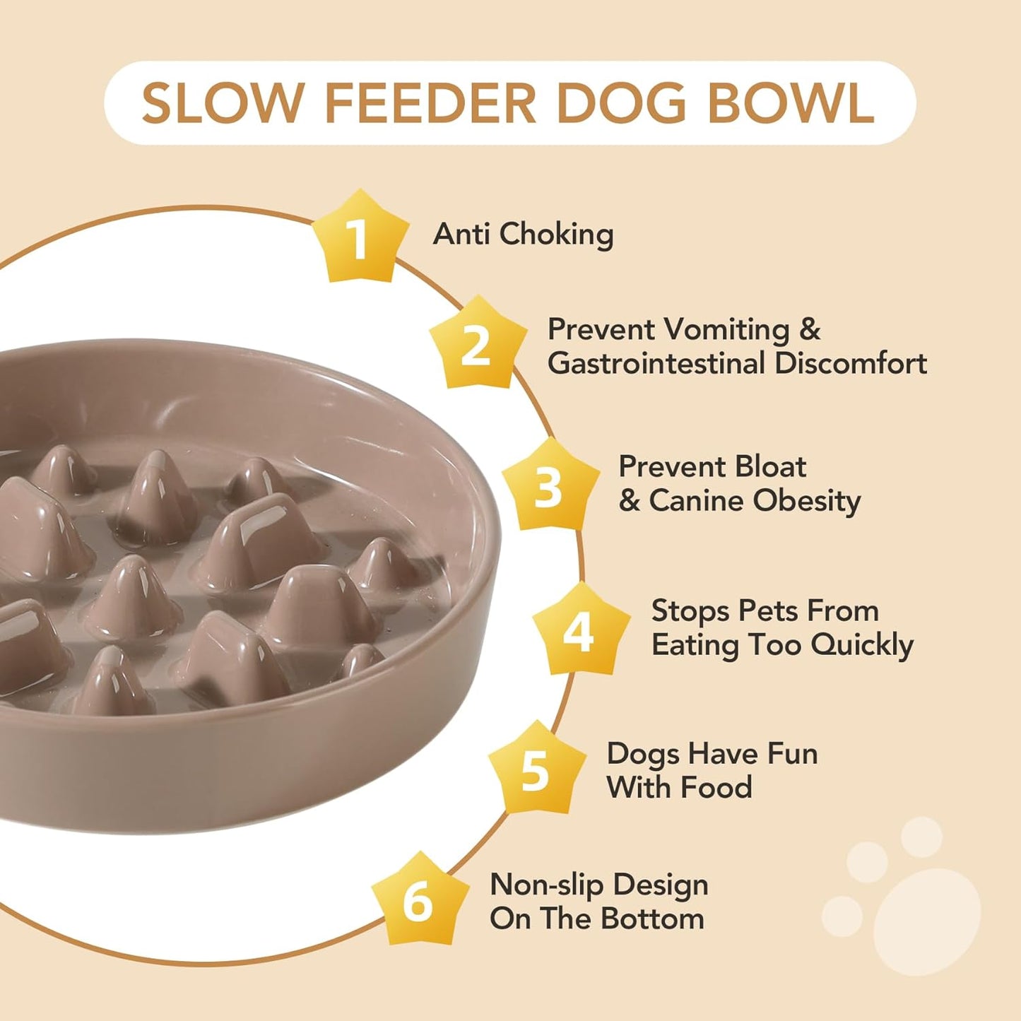 8.2inch Ceramic Dog Raised Slow Feeder Set, Elevated Bowl with Wooden Stand for Large and Medium Dog, Slow Feeder Dish for Fast Easters, Stop Bloat(Brown Coffee, Single Bowl+ Stand)